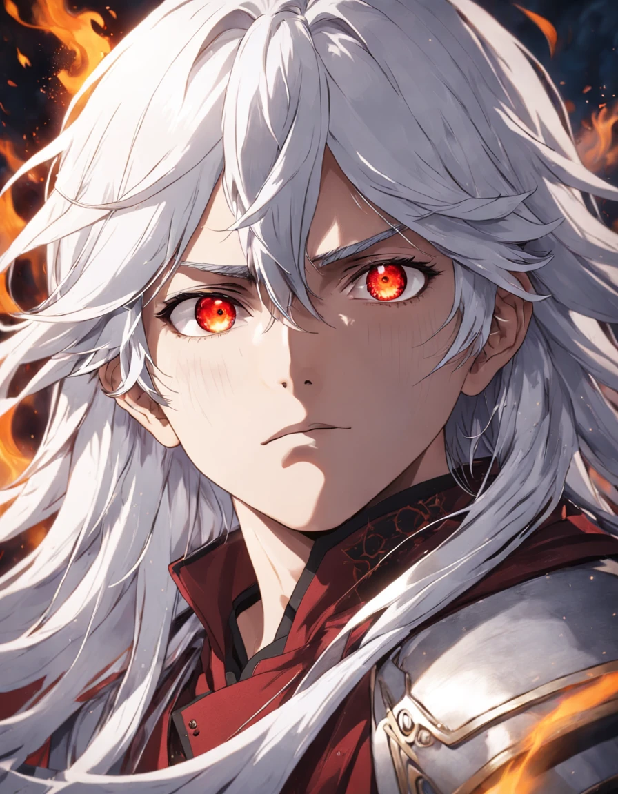 male people, white hair, long hair, red eyes, mysterious storyline, fire magic, masterpiece, best quality, ultra detailed, Detailed face, Detailed eyes, mysterious storyline, Vibrant colors, 32K resolution, Excellent painting in extreme detail, Ultra foto realism
