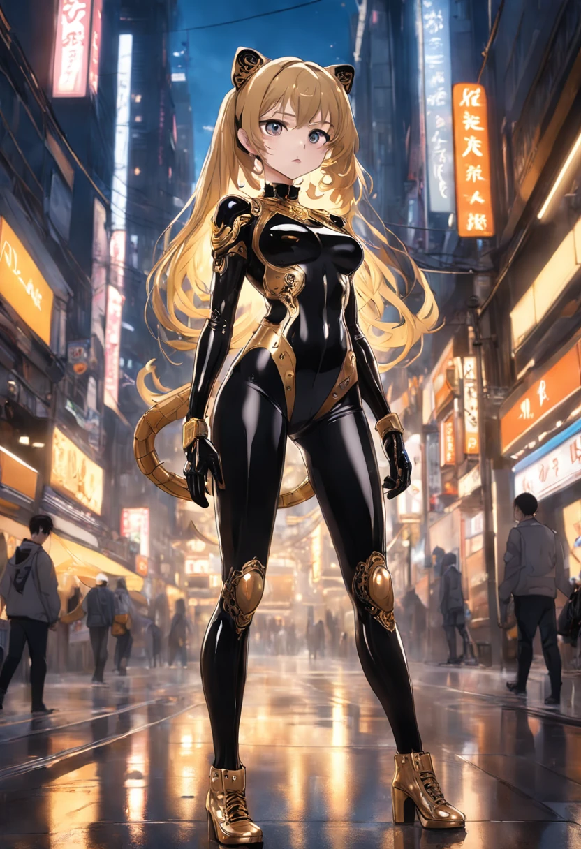 (((Best Quality))), (((masutepiece))), Solo, Super Fine Photo, full body picture Unreal Engine 5 8K UHD, Beautiful Girl, Details of face, Wearing a gold lace skin tight latex catsuit, latex collar, Latex Gloves, Latex long socks with strap, arm and leg cuffs, Unified 8K Wallpaper, Hyper Detailed, Sharp Focus, Walking through the city of the future.