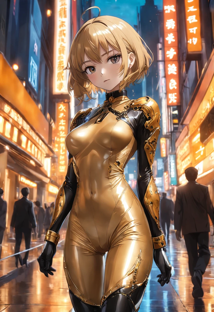 (((Best Quality))), (((masutepiece))), Solo, Super Fine Photo, full body picture Unreal Engine 5 8K UHD, Beautiful Girl, Details of face, Wearing a gold lace skin tight latex catsuit, latex collar, Latex Gloves, Latex long socks with strap, arm and leg cuffs, Unified 8K Wallpaper, Hyper Detailed, Sharp Focus, Walking through the city of the future.