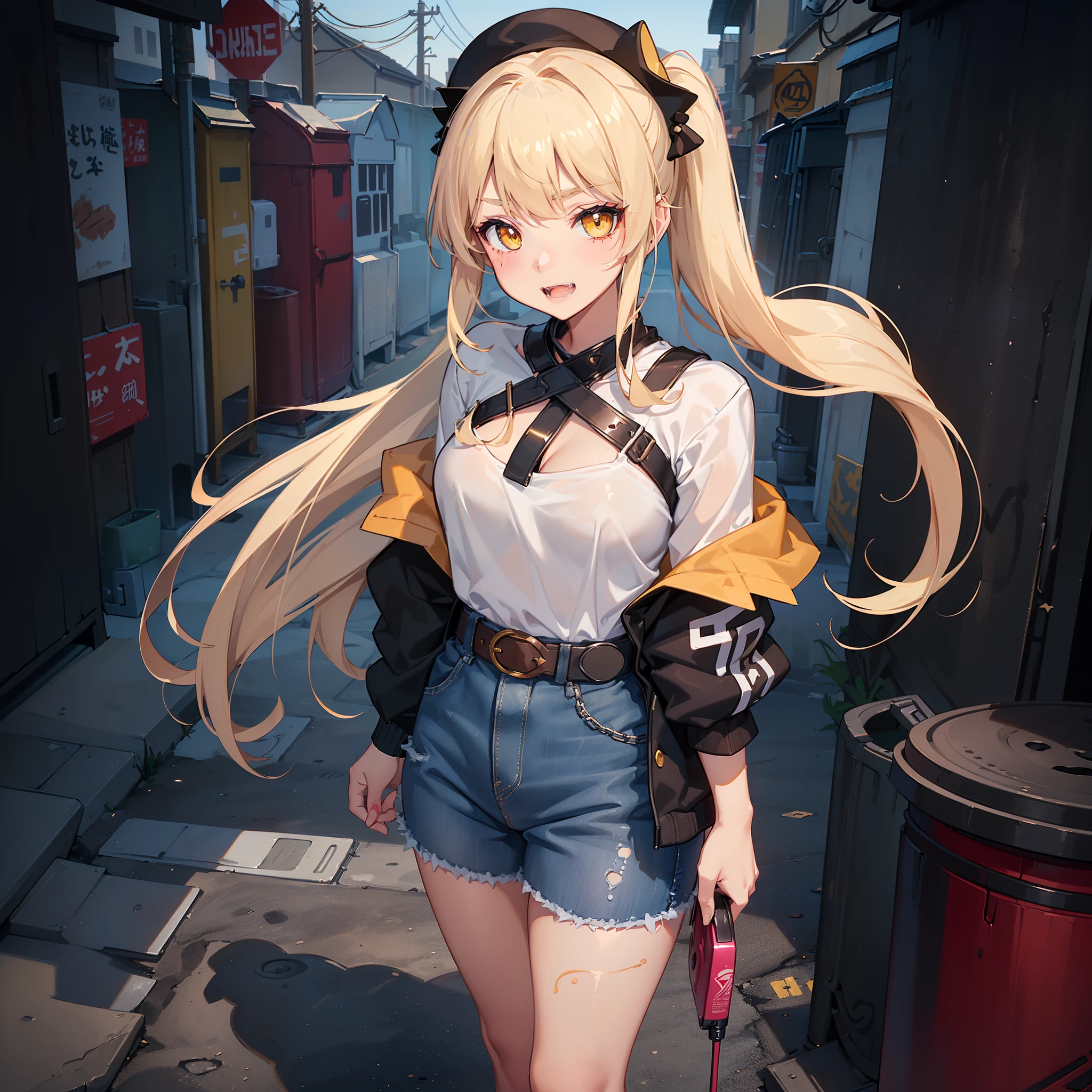 ・((Original Characters)): (Dreaming City Artist、lina)
・((Volume Lighting)): (The soft light of dusk is reflected on her face)
・((Best Shadows)): (A clear shadow is projected between the contours of her face and the twin tails)
・((Shallow depth of field)): (The alleys and trash cans behind her are fuzzy and、Only she is clearly visible)
・((portlate)): (Seductive yellow eyes and sharp eyebrows、Open your mouth with a big smile、Sticking out fangs)
・((Hair styles)): (Layered long twin tail blonde)
・((makeups)): (Blush Eyeshadow、Dark eyelashes)
・((garments)): (Oversized Pop Jacket、Mini Underbob T-Shirt、Open belly button、Denim Jeans Pants、with buckle belt)
・((Background with)): (Alley with graffiti、a trash can、Outer phase、Outdoor Unit)
・((accessorized)): (Applejack Hat)
・((the pose)): (Standing holding a spray paint can)
・((Quality and Detail Evaluation)): (top-quality、Superb Detail:1.25)
・((Character Type)): (独奏:1.3)
・((Overall impression)): (Vivid colorful picturesque beauty)