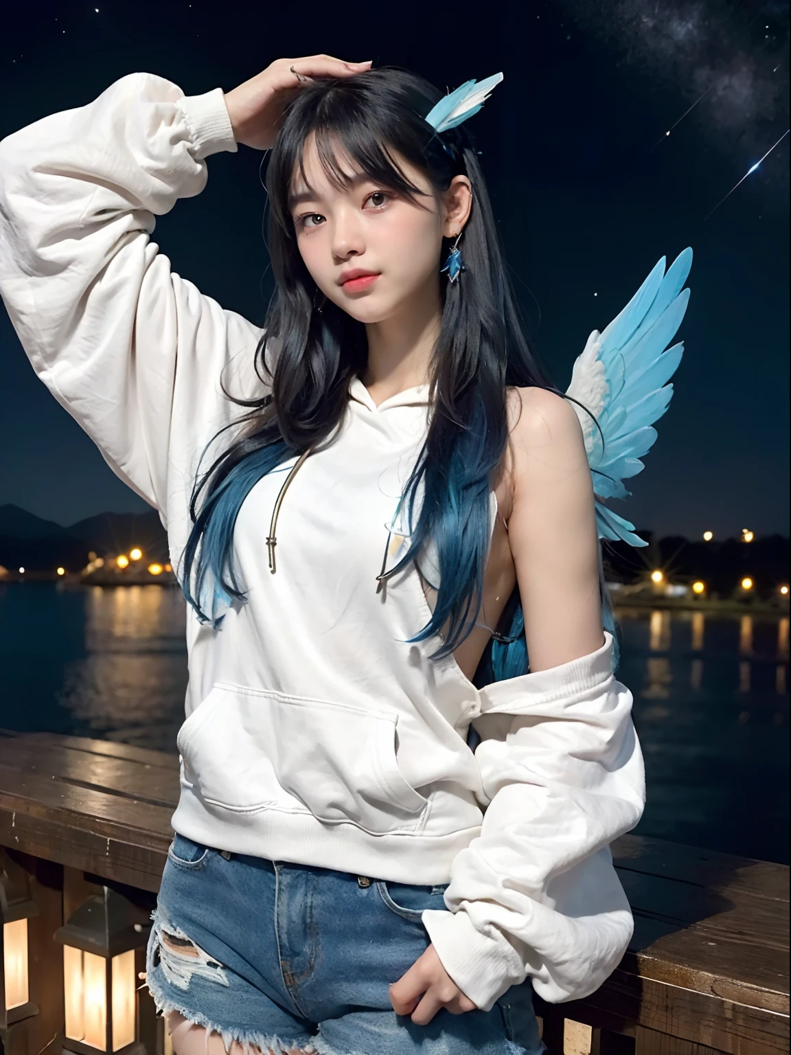 "picture quality: 8K (Highest quality scale: 1.2), Artistic style: Realistic, Photorealistic elements: 1.37, Clarity: Ultra high definition, subject:One girl flying over a stunning cityscape ,Hoodie,Blue hair, Neon Color Shooting Star, Very long hair, off shoulders, feathers hair ornament, neon color, flashes, stunning night sky, Teenage girl (************), Notable features: Pleasant smile, Closed mouth, exquisitedetails, Lovely Nose, Composition: Full body, damp hair, context: In the giant Darsepho, Highly detailed giant angel wings