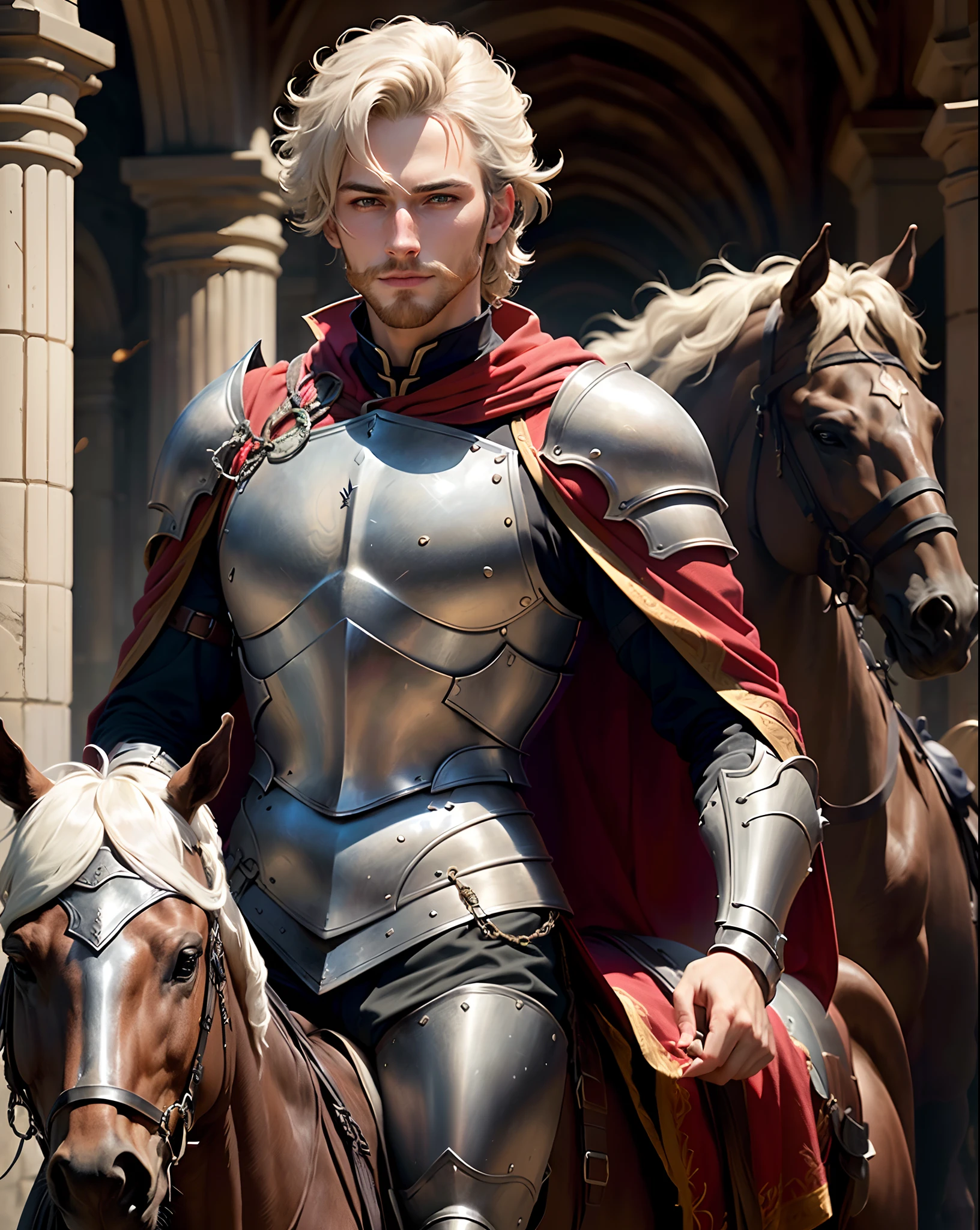 Royal Knight T Masterpiece,best qualtiy,Very detailed,Original design,Unique accessories,Medieval fantasy,Professionally retouched,closeup cleavage,(male people:1.9),(Portrait of a noble male knight),Dignified,at noon,Sword and shield,Heavy armor,(beard:1.3),mounted on a horse,ssmile,red capelet,short white-hair,well-muscled,