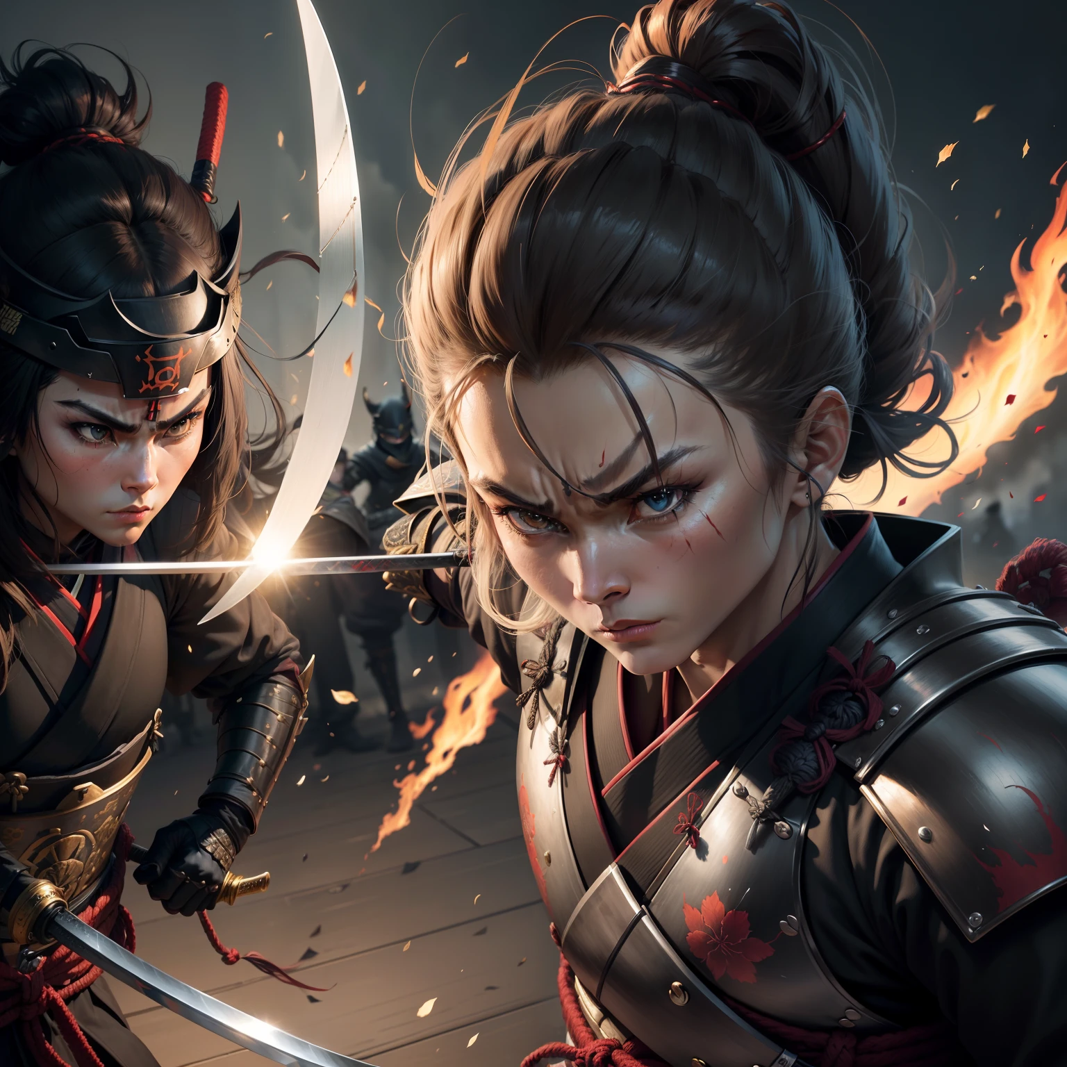 ((best quality)), ((masterpiece)), (detailed), a fierce battle between two deadly female ninja warriors, beautiful detailed eyes, beautiful detailed lips, extremely detailed eyes and face, long eyelashes, katanas, ninja outfits, cinematic lighting, dark moody atmosphere, dynamic action poses, highly detailed, 8k, photorealistic, masterpiece, concept art, dramatic colors, chiaroscuro lighting