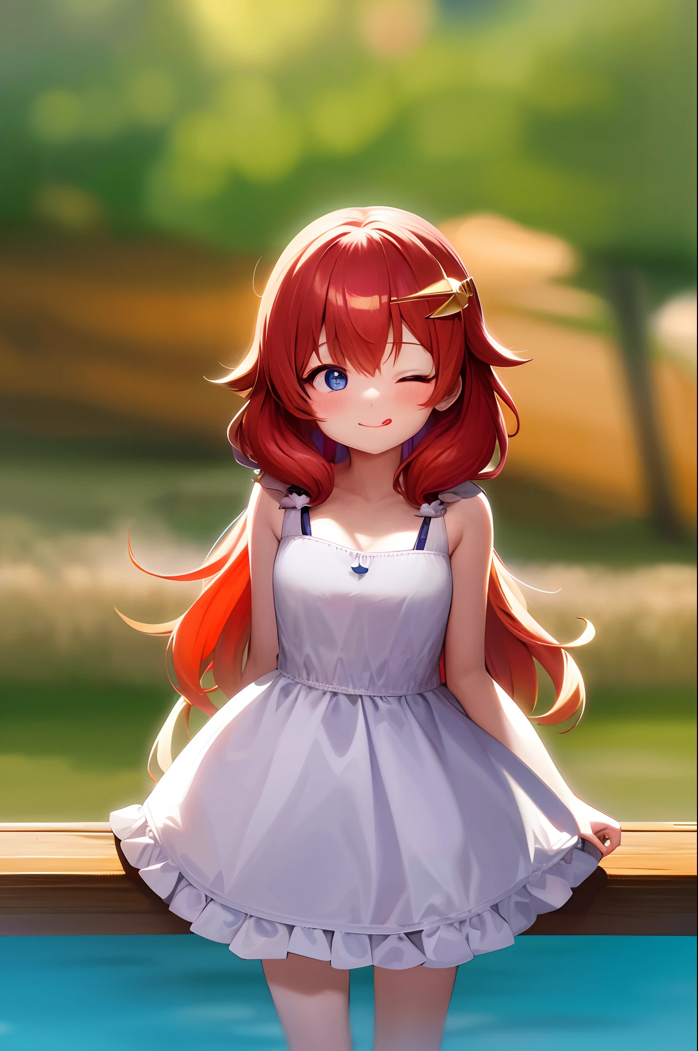 absurdres, 1girl, the ocean, railing, white dresses, Sun hat, ssmile, (realistic:0.75), (waving:0.9),light smile, red hair, curtained hair, hair between eyes, hair ornament, star hair ornament, star-shaped pupils, one eye closed, blush, torogao, licking lips, anime, character chart, multiple views, anime, stereogram, 8k, super detail, ccurate, best quality, highres