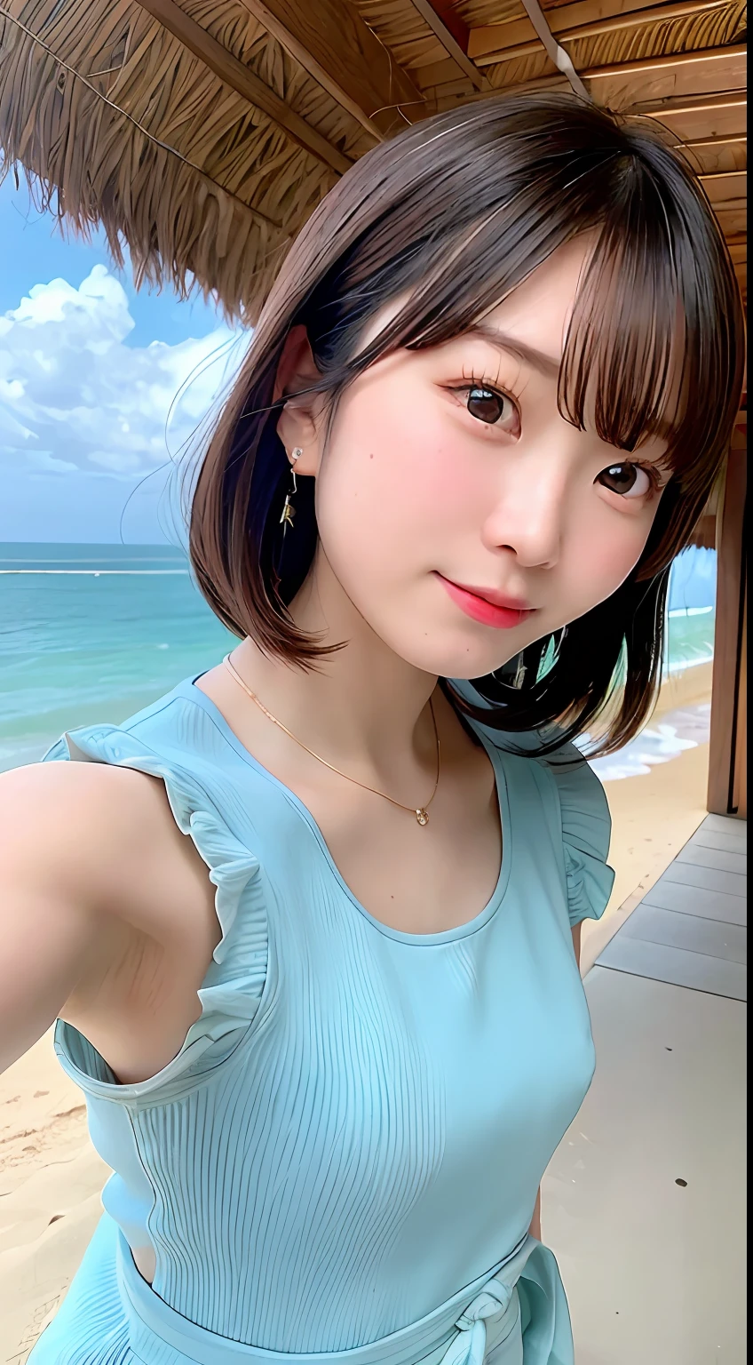 (From below:1),1girl in,(with Sitting on beach chair:1.3),Light Brown Fringe Longhair、Braided hair、disheveled hair、Light brown eyes、(dignified expression)、(Colorful micro bikini),(爆乳:1.4)、(Emphasize the valley:1.3)、the beach、Palm trees、blue-sky、(Photorealsitic)、(intricate detailes:1.2)、(​masterpiece、:1.3)、(top-quality:1.4)、(超A high resolution:1.2)、超A high resolution、(A detailed eye)、(detailed facial features)、