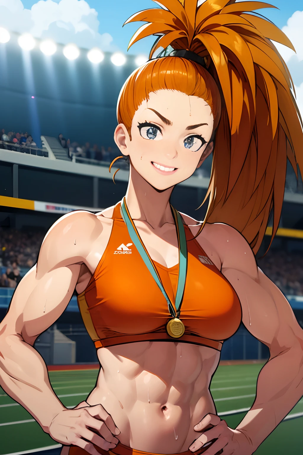 (track and field, stadium:1.2), (rim lighting), (detailed face:1.1), 1girl, solo, smile, captain mizuki, one-punch man, highres, muscular female, breasts, orange hair, sports bra, upper body, high ponytail, long hair, medal, sweat, steam, steaming body, murata yuusuke