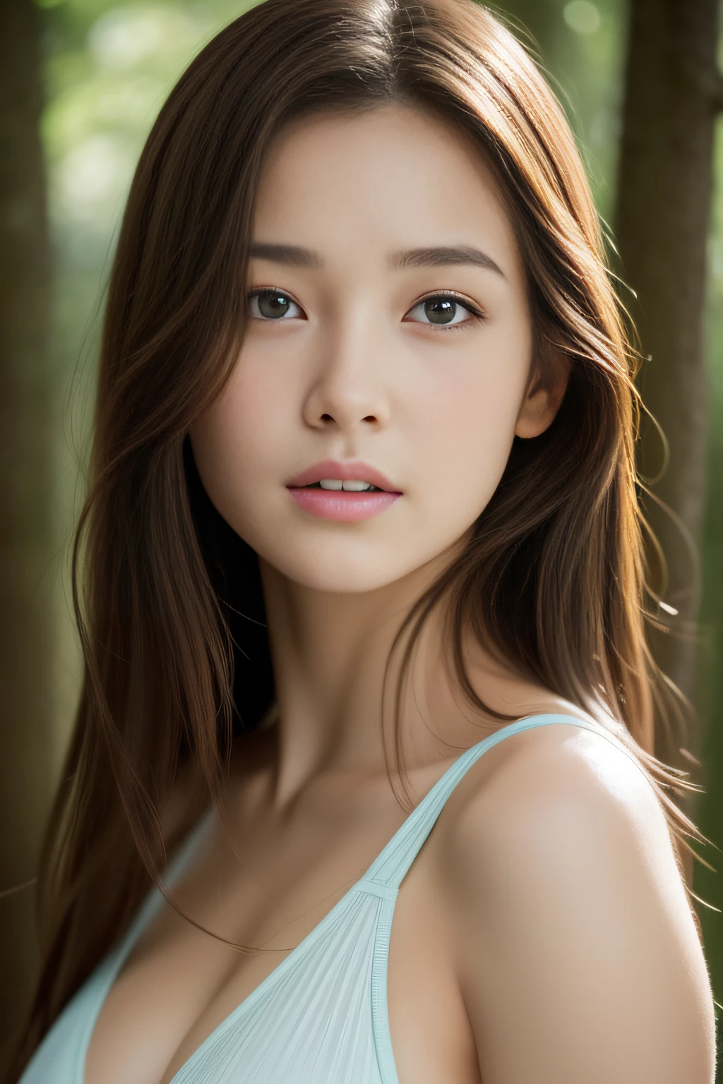 Best Quality, Photorealistic 8K high-resolution illustrations, Beautiful expression of one young woman, The closed mouth is characteristic., Attention to skin details, A rich forest spreads out in the back of the screen, Looking at the viewer longing for a woman in a swimsuit with medium brown hair and parted hair blurred
