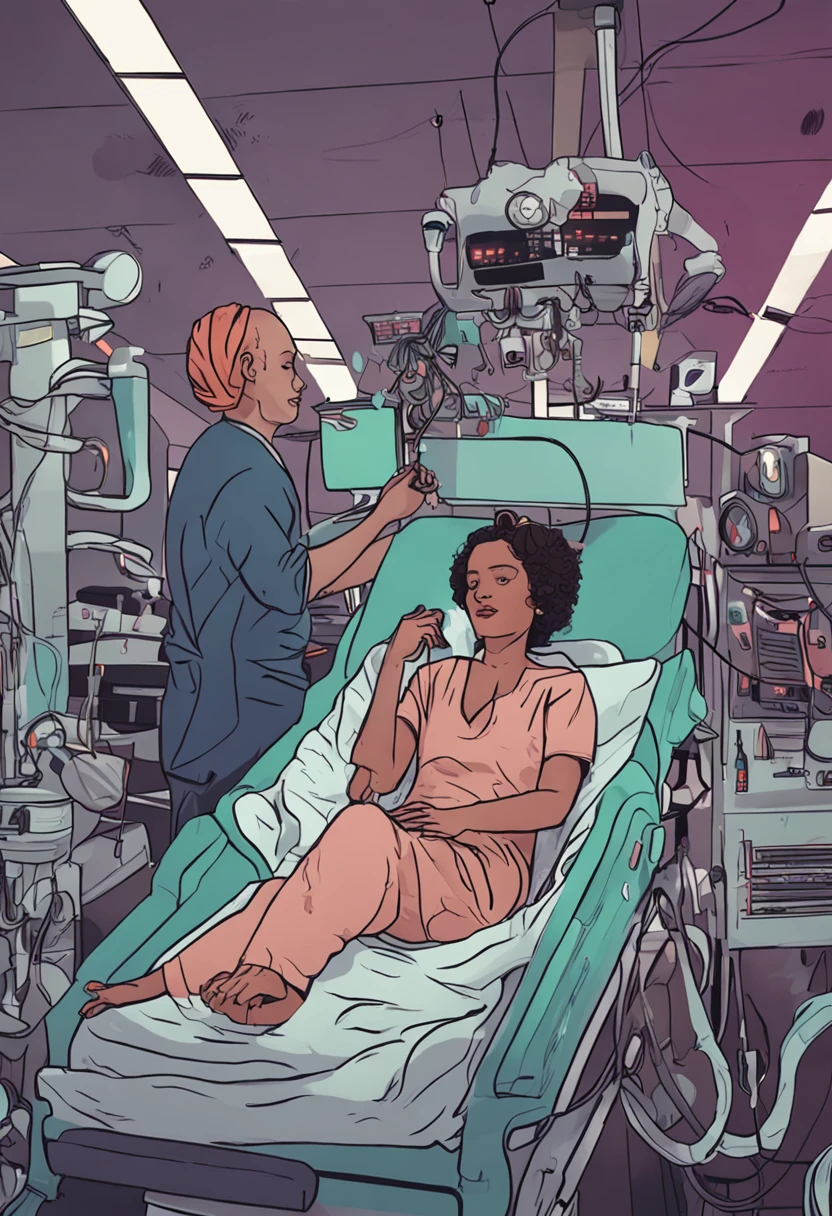 A blonde woman, on an ICU gurney with connectors on her head connected to the head of another woman who is on another ICU gurney.