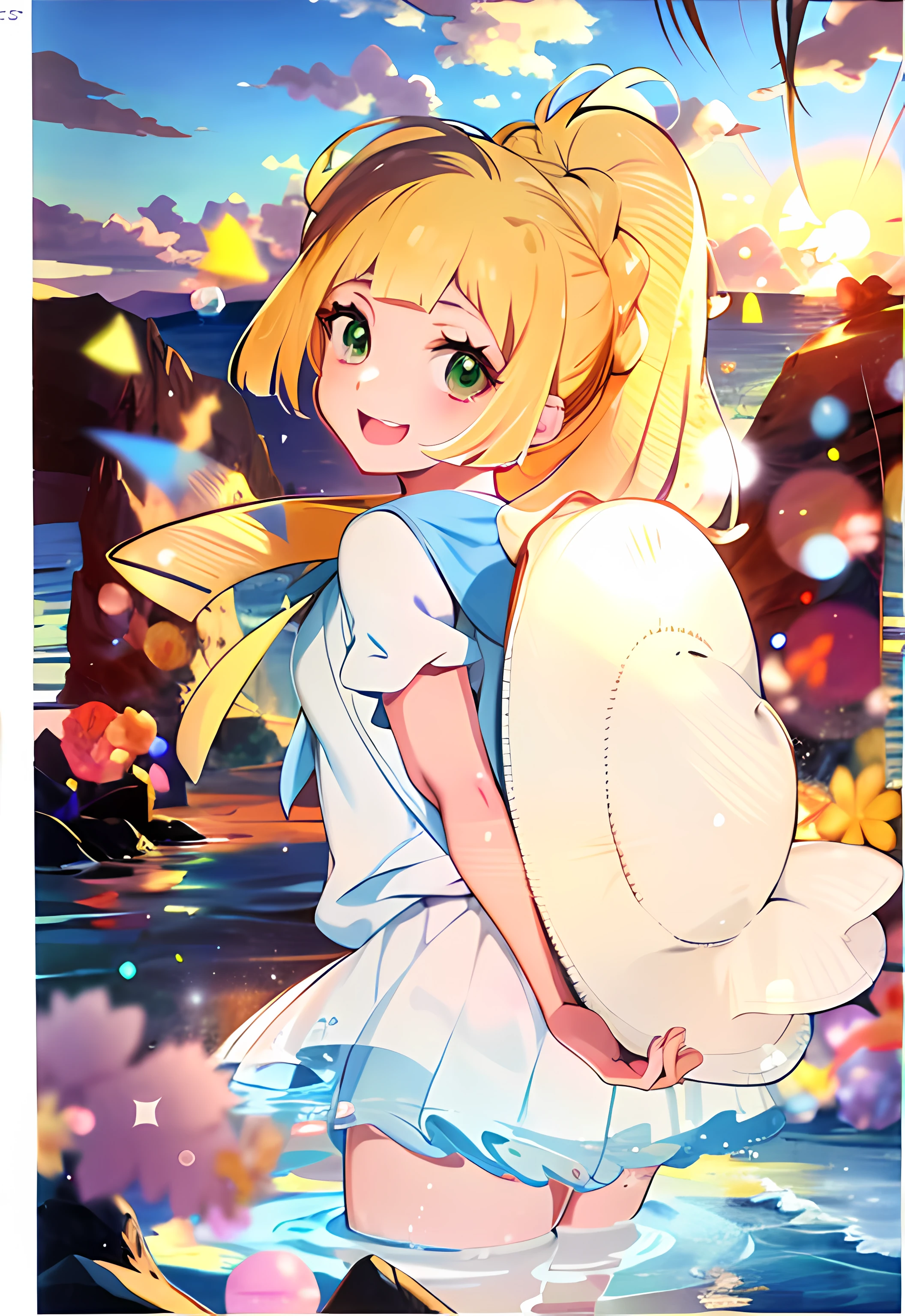 Anime girl walking in water with hat and backpack, Loli, Splash art anime Loli, anime moe art style, lilith/(Pokemon)/, sea beach，White visitor cap in hand， 1girll, kid, Single， standing， Cowboy shot，Looking back at you，Light blonde hair，Green eyes， Smile， Place your own hands on your back，white dresses，Best quality, Masterpiece，Sunset, the setting sun，pony tails