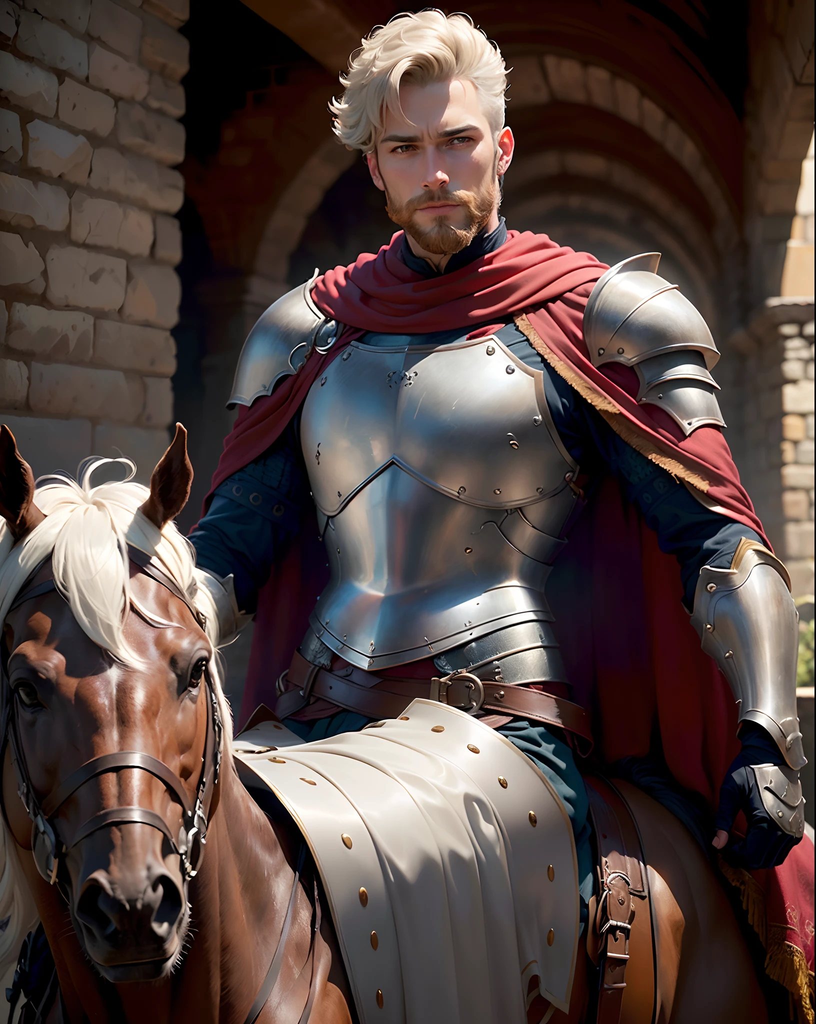 Royal Knight T Masterpiece,best qualtiy,Very detailed,Original design,Unique accessories,Medieval fantasy,Professionally retouched,closeup cleavage,(male people:1.9),(Portrait of a noble male knight),Dignified,at noon,Sword and shield,Heavy armor,(beard:1.3),mounted on a horse,ssmile,red capelet,short white-hair,well-muscled,