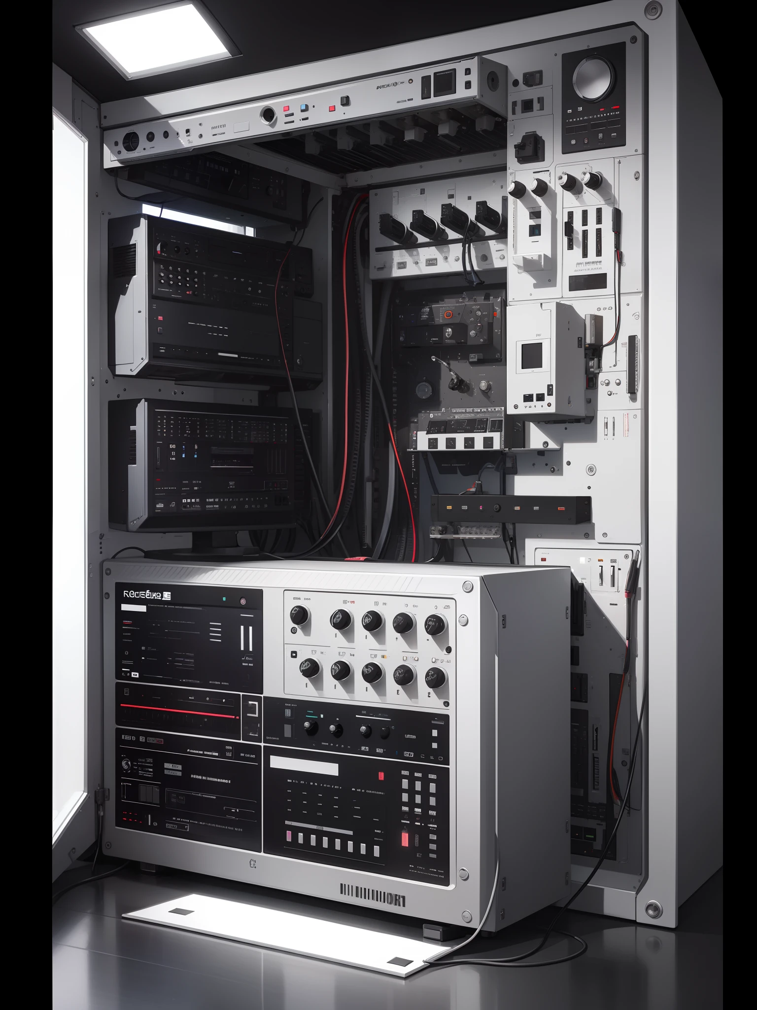 White Room、White synthesizer , roland , Korg , Waldorf , masutepiece, top-quality, in 8K , intricate detailes, ultra-detailliert , light Particle、32K Digital Paint, Hyper-Realism,