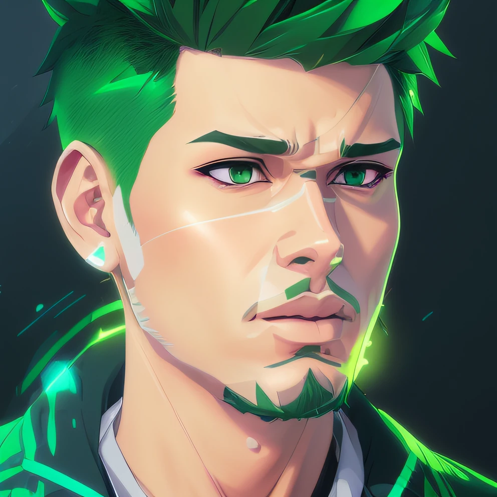 there is a man with a mohawk and a green jacket, 2d portrait, cartoon digital painting, trigger anime artstyle, low detailed. digital painting, 2 d render, detailed digital painting, official fanart behance hd, anime style portrait, anime style. 8k, digital anime illustration, detailed character portrait, stylized portrait, 2 d digital art