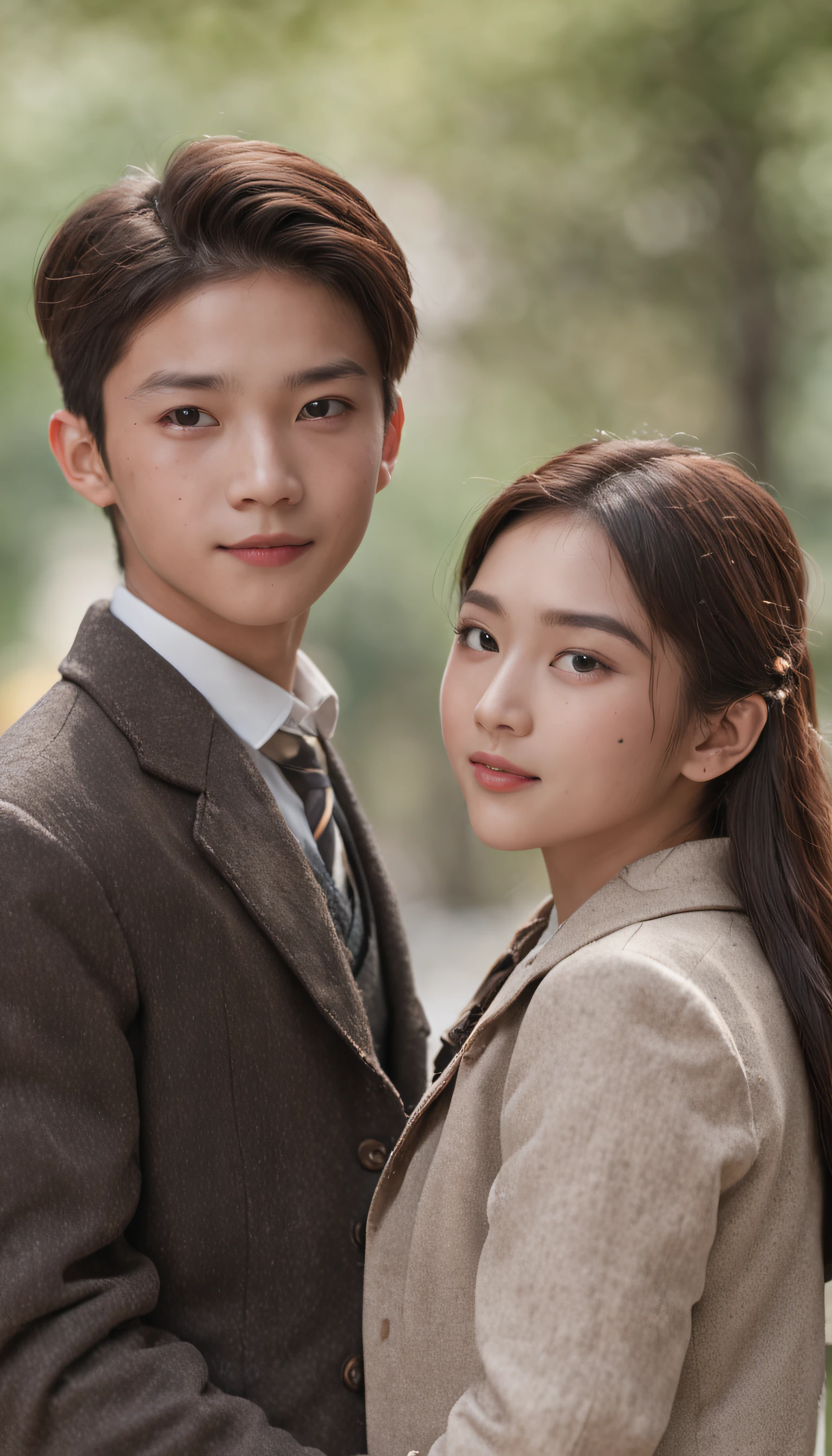 Realiy, realisticlying, movie picture quality, super detailing, Super quality, Super HD, One boy and one girl, (18yr old), Meet on campus, Boys and girls together, Sit on a bench and chat, Chinese face, Carrying a school bag, in school uniform, The face was full of joy, Real Photographics