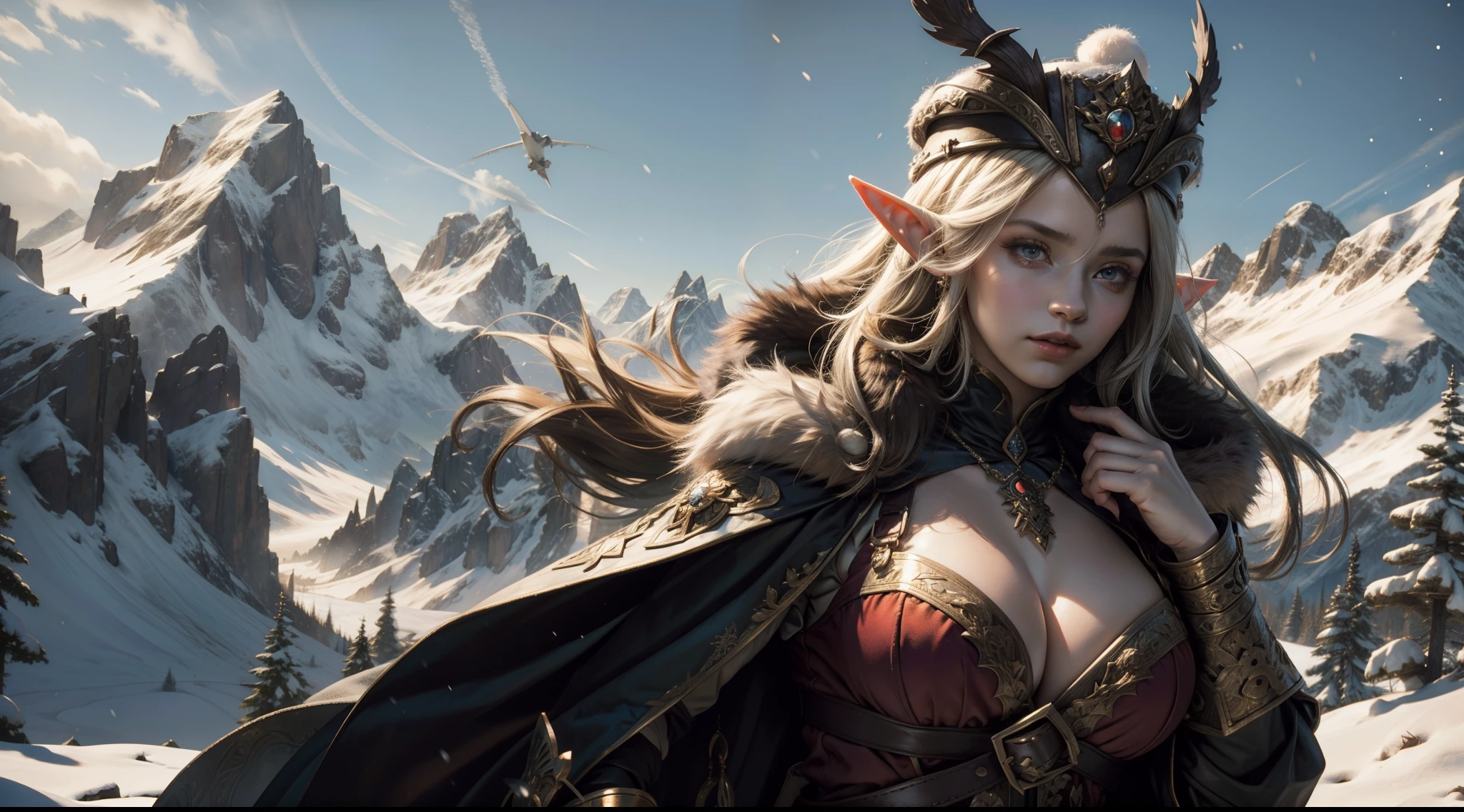 Female elf，Large breasts，upperbody shots，dramatics，dynamicposes，Heavy fur clothes，Snow-capped mountains in the background，magia，Rembrandt light