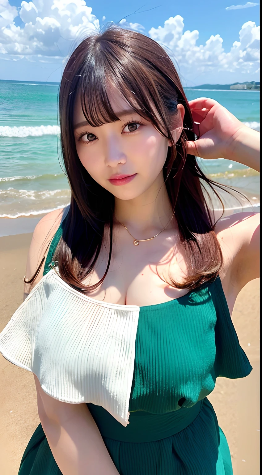 8K raw photos、hight resolution、abdominals、ribbed、A dark-haired、Beautiful at 22 years old Japan、with round face、Very small lips、Round Big、Valley、beautiful eyes finely detailed、long eyeslashes、Beautiful double eyelids、Sanpaku eyes、Duck mouth、Blunt bangs、Okappa、耳Nipple Ring、a necklace、random facial expression、(Background with:Sea beach)、 Looking at Viewer,sunny sea、(vestments:Onepiece)、vacation、full body