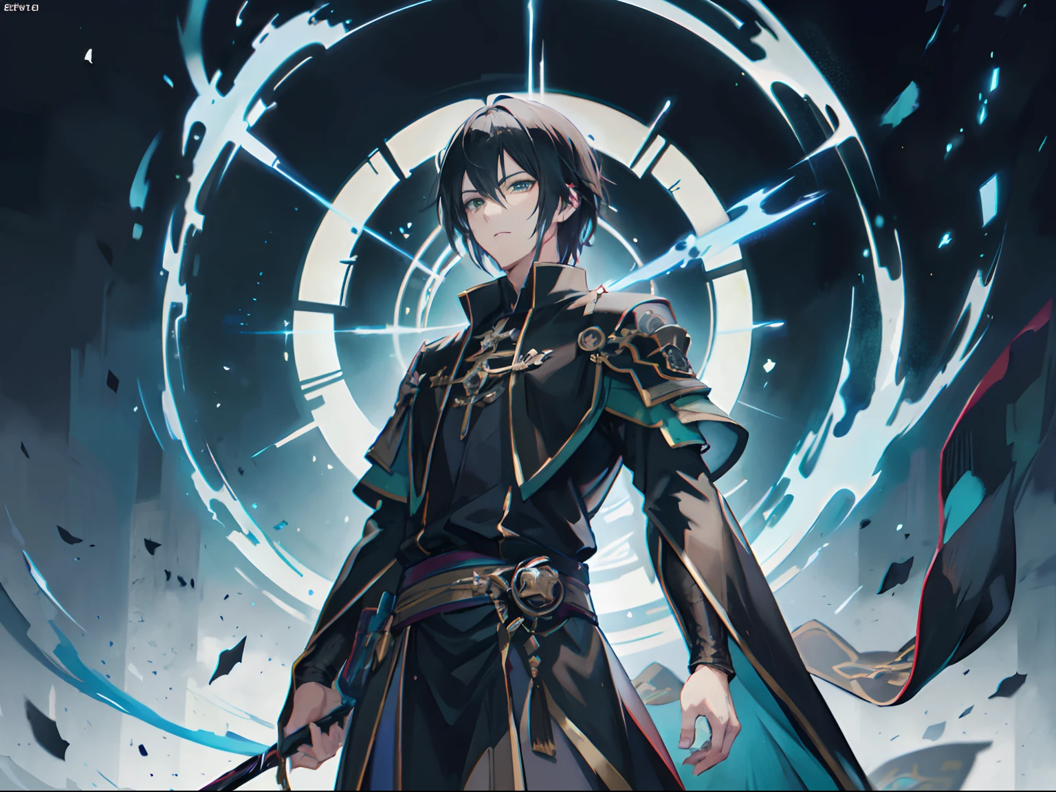 anime, handsome guy, black hair, short hair, green eyes, archmage, black robe, mage, (masterpiece, top quality, best quality),extreme detailed,colorful,highest detailed ((ultra-detailed)), (highly detailed CG illustration),(from front),cinematic light,