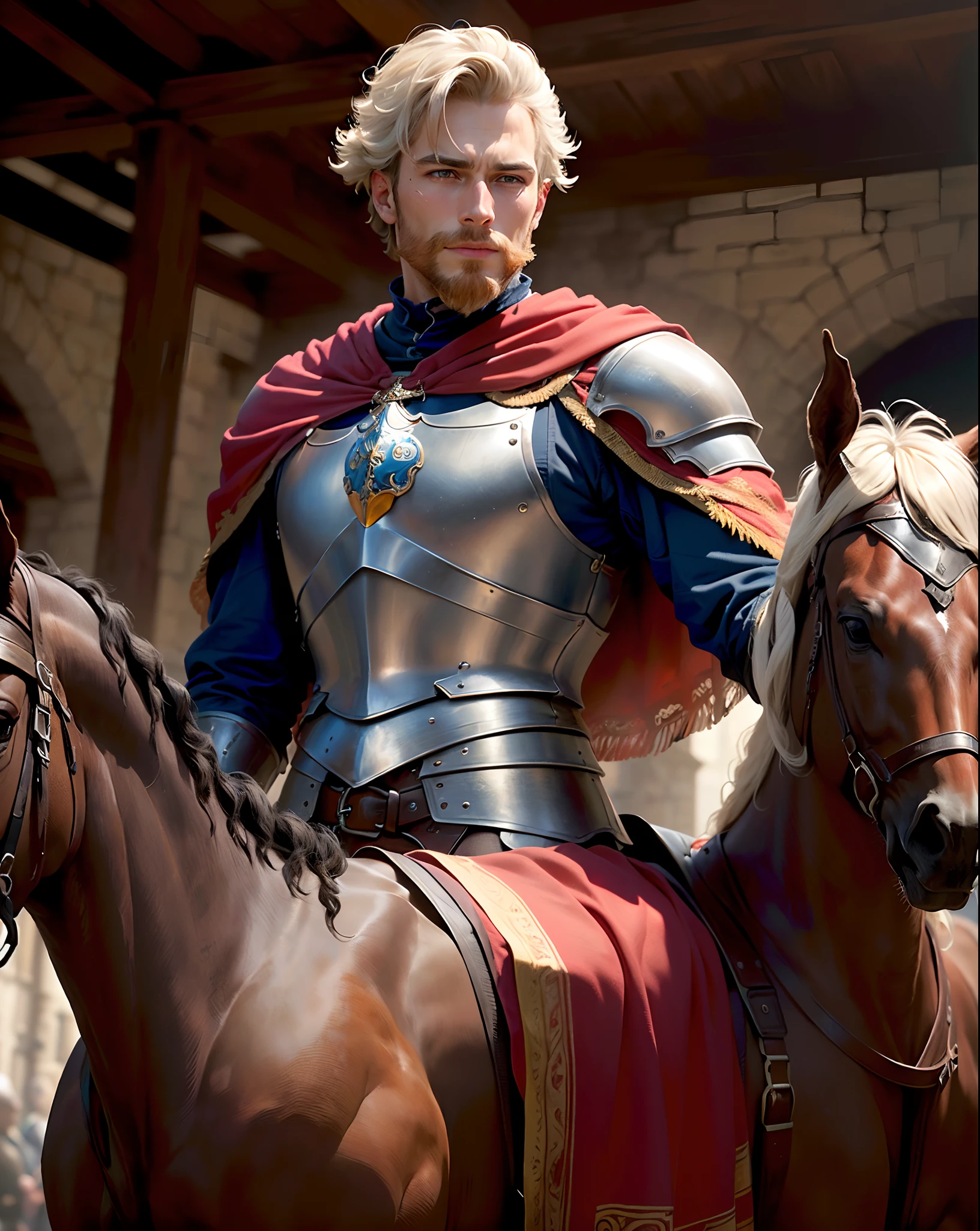 Royal Knight T Masterpiece，best qualtiy，Very detailed，Original design，Unique accessories，Medieval fantasy，Professionally retouched，closeup cleavage，（male people：1.9），（Portrait of a noble male knight），Dignified，at noon，Sword and shield，Heavy armor，（beard：1.3），mounted on a horse，ssmile，red capelet，short white-hair，well-muscled，