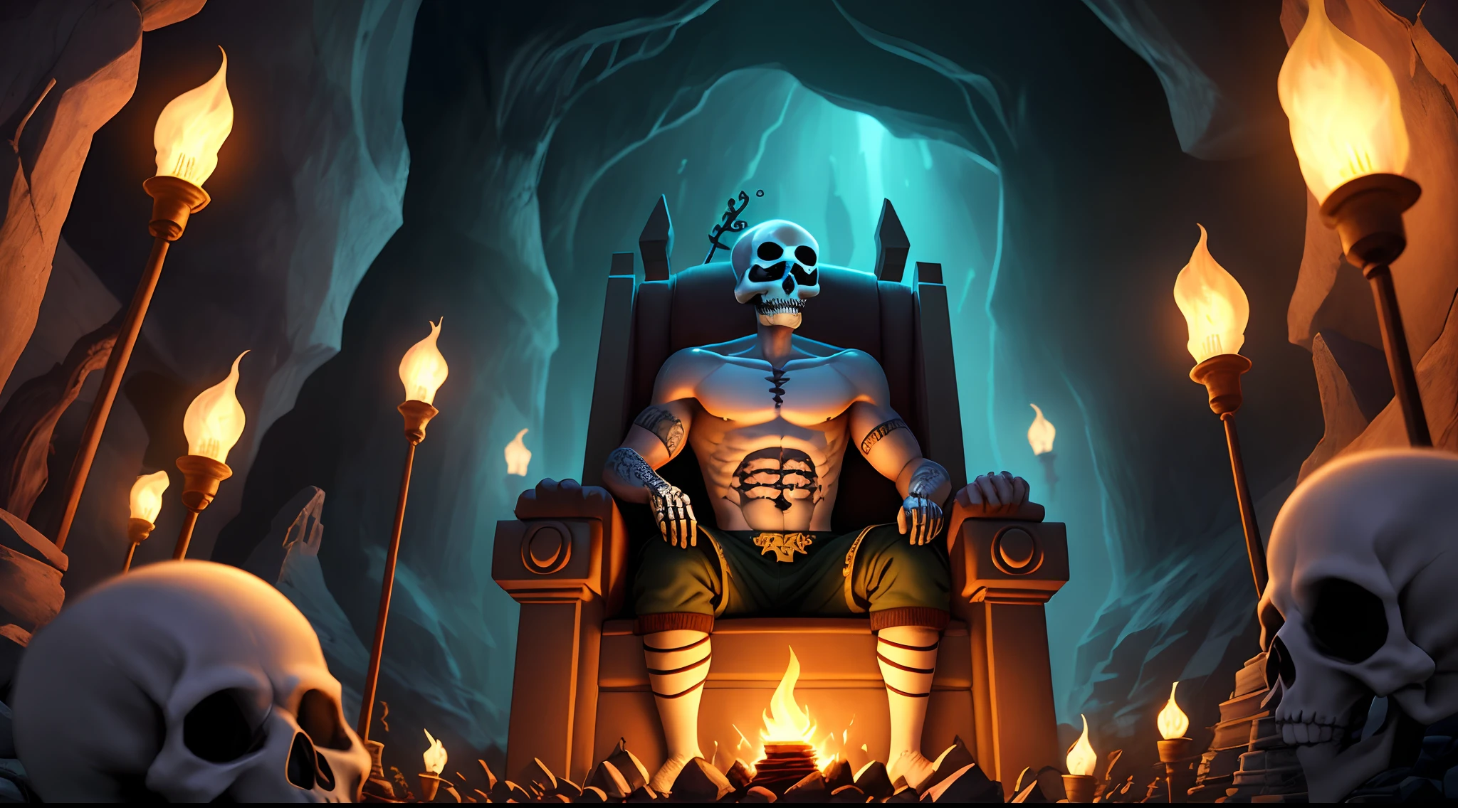 Libido boy，a throne，treasures，skelleton，spotlight，caves，treasure，lamplight，torches，dark，Shirtless