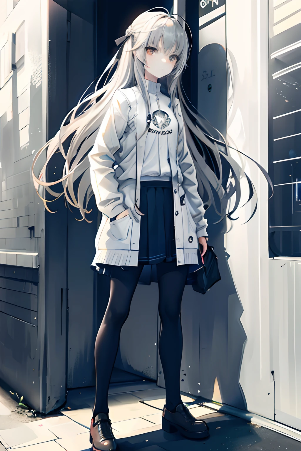 A teenage girl,Gray hair ,The sun shines,Gray eyes,long whitr hair,Impressive everyday clothing,Skirt that wraps hips,Put your hands in your pockets,standing on your feet,full bodyesbian,Impressive