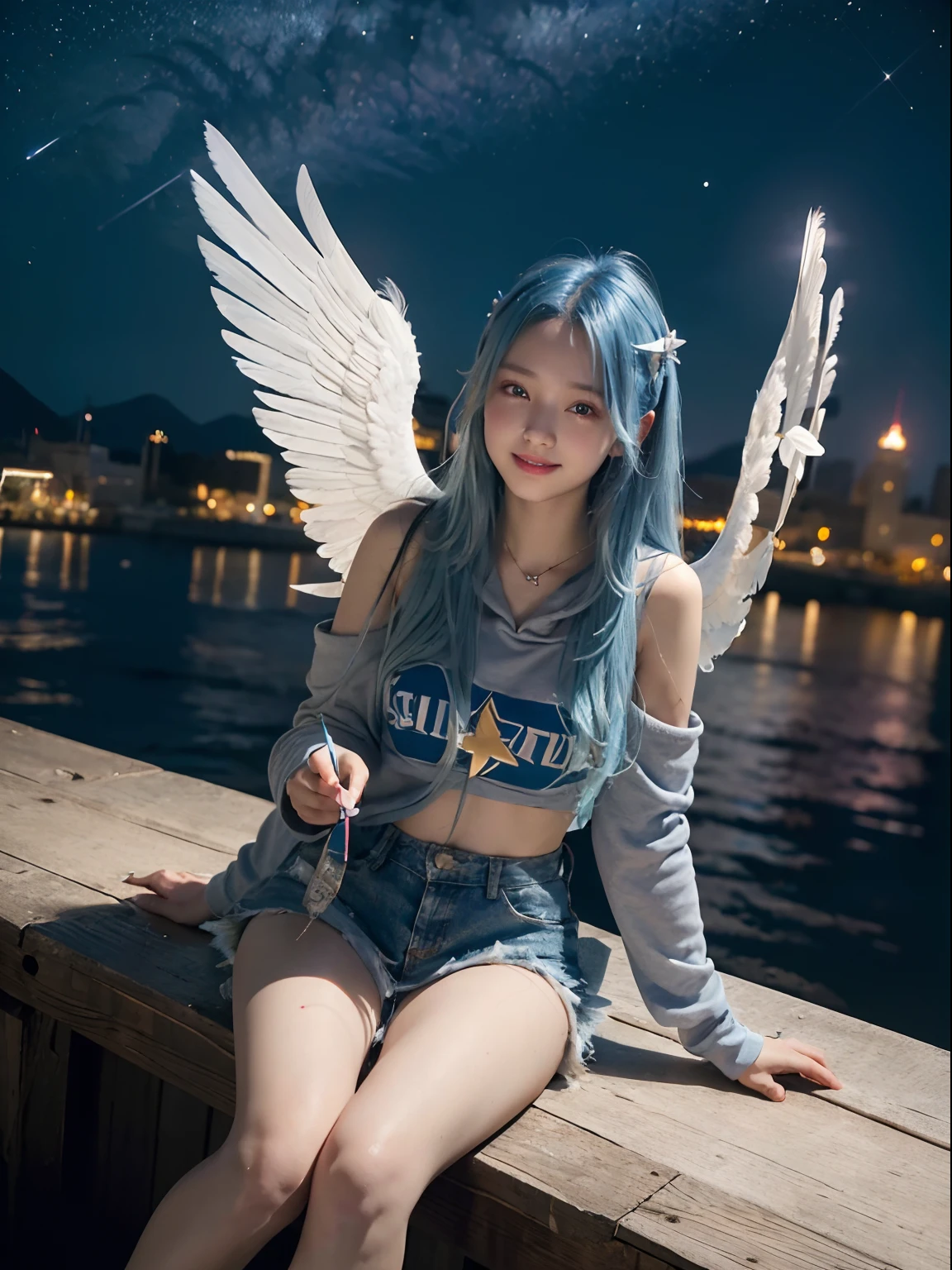 "picture quality: 8K (Highest quality scale: 1.2), Artistic style: Realistic, Photorealistic elements: 1.37, Clarity: Ultra high definition, subject:One girl flying over a stunning cityscape ,Hoodie,Blue hair, Neon Color Shooting Star, Very long hair, off shoulders, feathers hair ornament, neon color, flashes, stunning night sky, Teenage girl (************), Notable features: Pleasant smile, Closed mouth, exquisitedetails, Lovely Nose, Composition: Full body, damp hair, context: In the giant Darsepho, Highly detailed giant angel wings