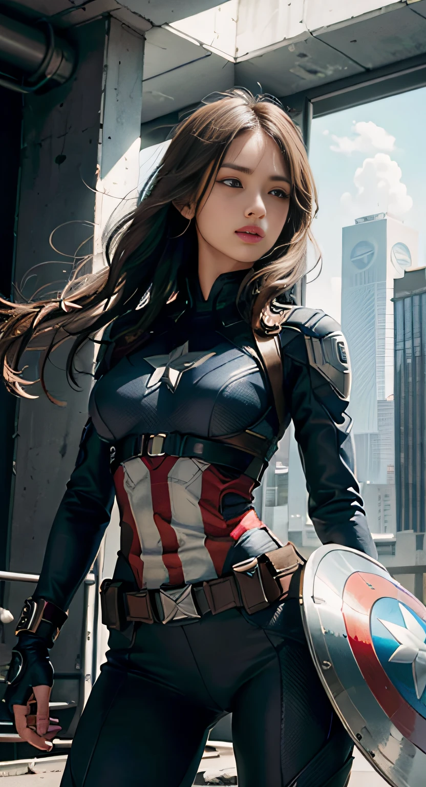 (1girl:1.3), solo, __body-parts__, official art, unified 8k wallpaper, super detailed, beautiful and aesthetic, beautiful, masterpiece, best quality, raw, masterpiece, super fine photo, best quality, super high resolution, photorealistic realism, sunlight, full-body portrait, amazing beauty, dynamic pose, delicate face, vibrant eyes, (from the front), she wears a futuristic Captain America jersey, blue color scheme, (holding a shield), A capital A on chest, very detailed abandoned warehouse background, detailed face, detailed complex busy background, messy, gorgeous, milky white, highly detailed skin, realistic skin details, visible pores, sharp focus, volumetric fog, 8k uhd, DSLR camera, high quality, film grain, fair skin, photo realism, lomography, huge metropolis in future dystopia, seen from below, translucent