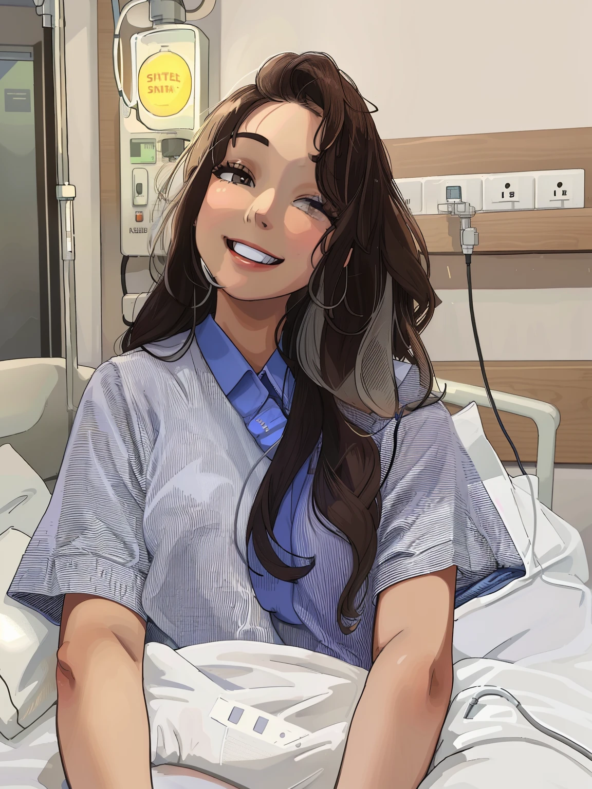 smiling woman in hospital gown sitting in bed with iv drips, at the hospital in patient gown, wearing a hospital gown, wearing a white hospital gown, with an iv drip, surgery, exclusive, she is smiling and excited, in hospital bed, she is smiling and happy, facebook post, 2 4 years old, 21 years old, 2 8 years old, hospital
