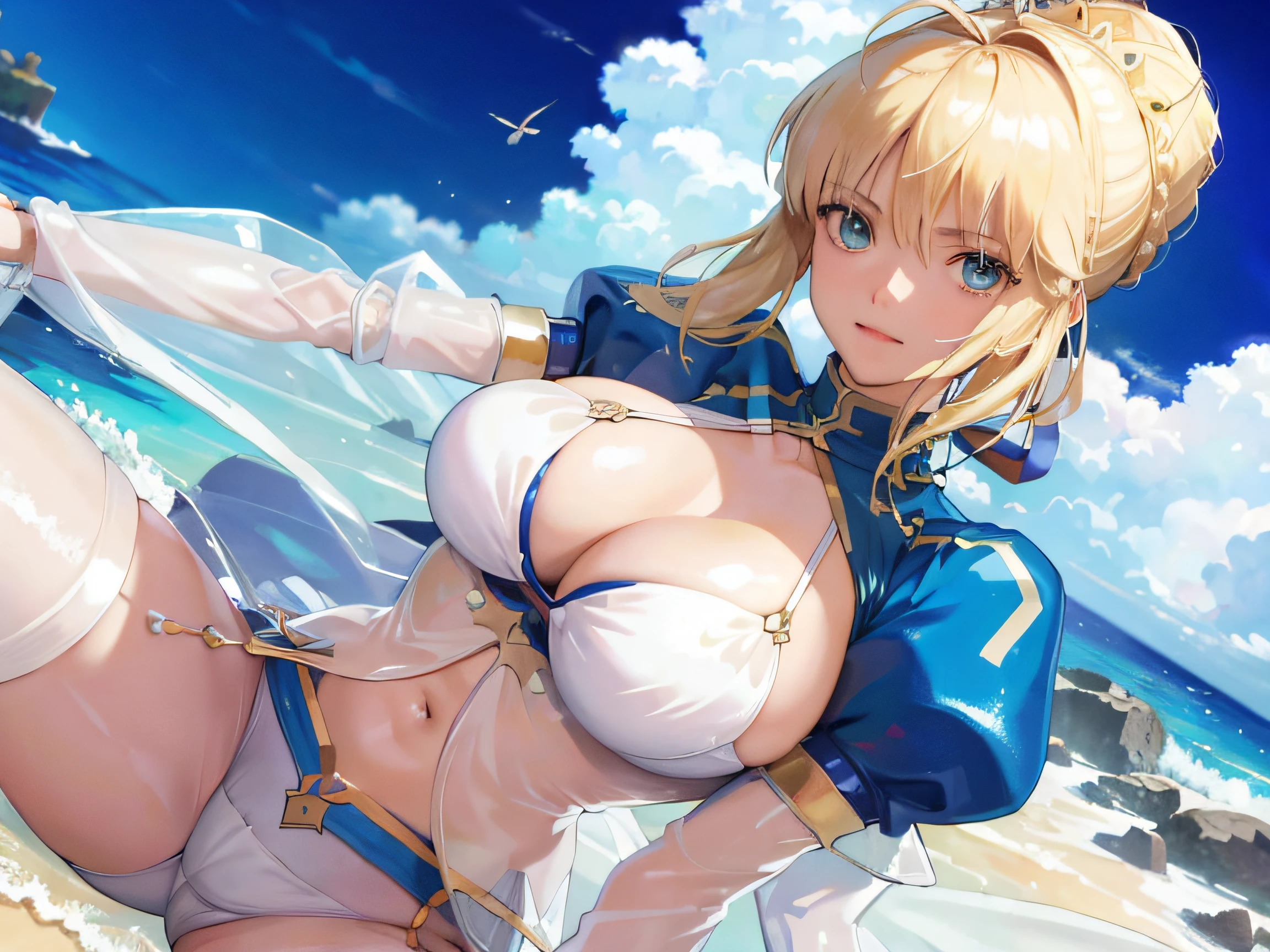 (Masterpiece:1.4), (Best quality:1.4), Realistic, 1girll,gigantic cleavage breasts，Artoria Pendragon \(fate\) , see-through transparent clothes，a white bikini, beach,laying on，spread their legs，tit