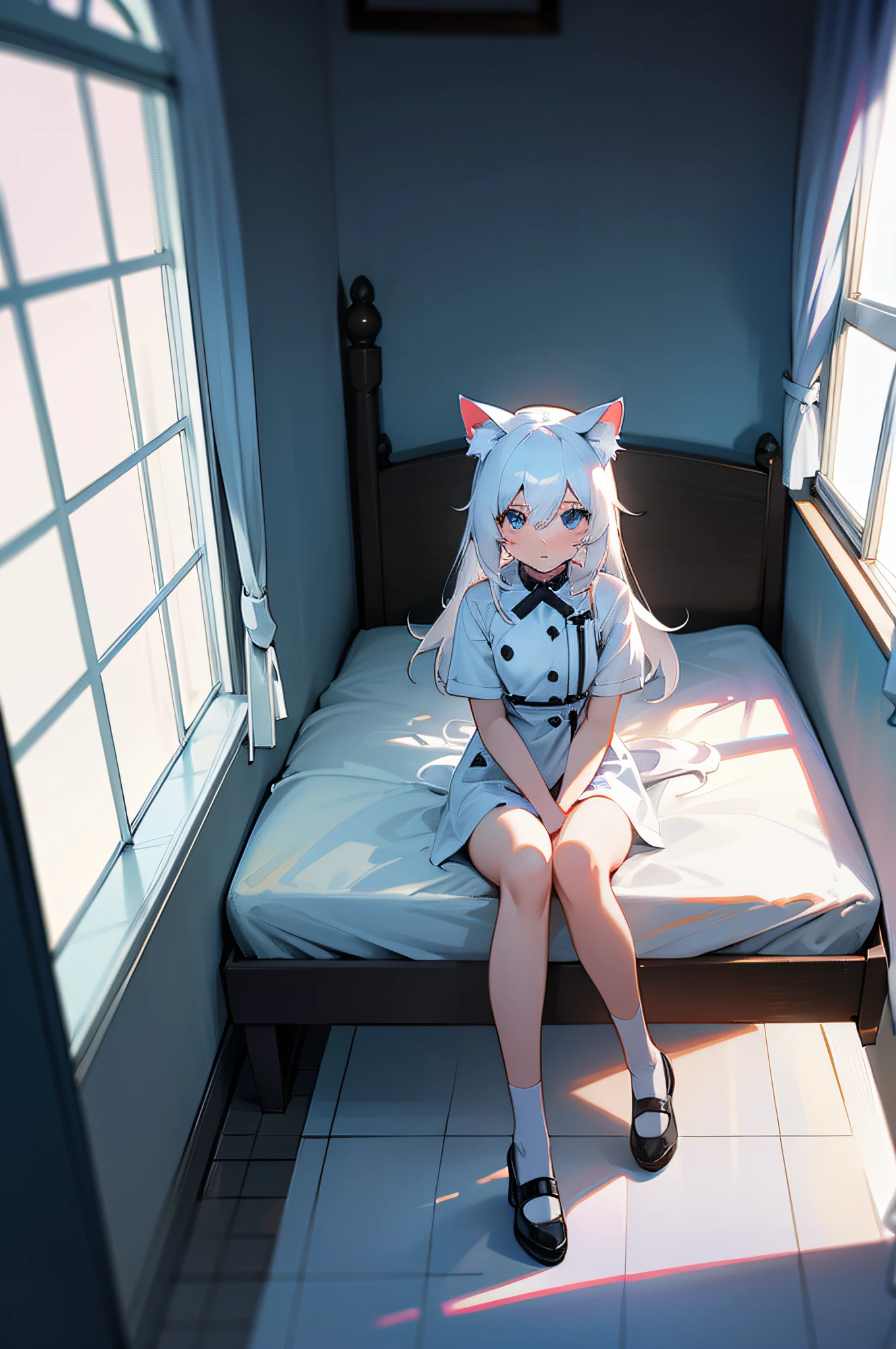 adult anime girl, white hair pigtails, ribbons, blushing, blue eyes, white cat ears, 8k, high res, 1 girl, good lighting, fine detail, bed rob, glasses, (masterpiece), perfect face, best quality, looking at view, flowers, petals, full body thick, sitting on bed