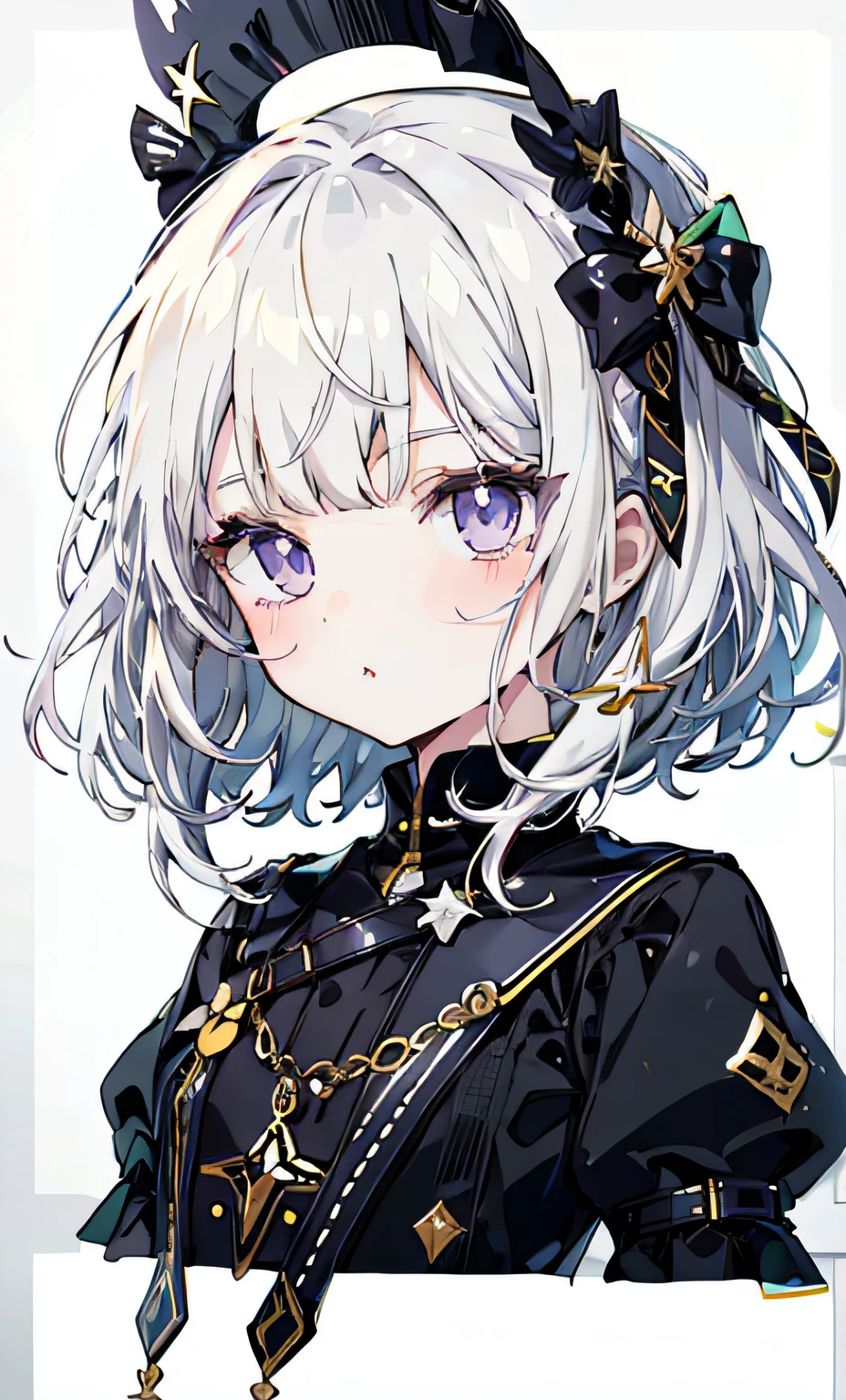Sticker, Cute anime girl head, long layered silvery white hair,Light purple eyes，Black dress，Pout，cute clothing，in circle, White background, Gold border，Simple, Ultra detailed, Detailed drawing, vectorised, Silhouette, 8K, professional sticker design, Flat design, Vector lines, Sticker, Drawing, Drawing, Full-HD