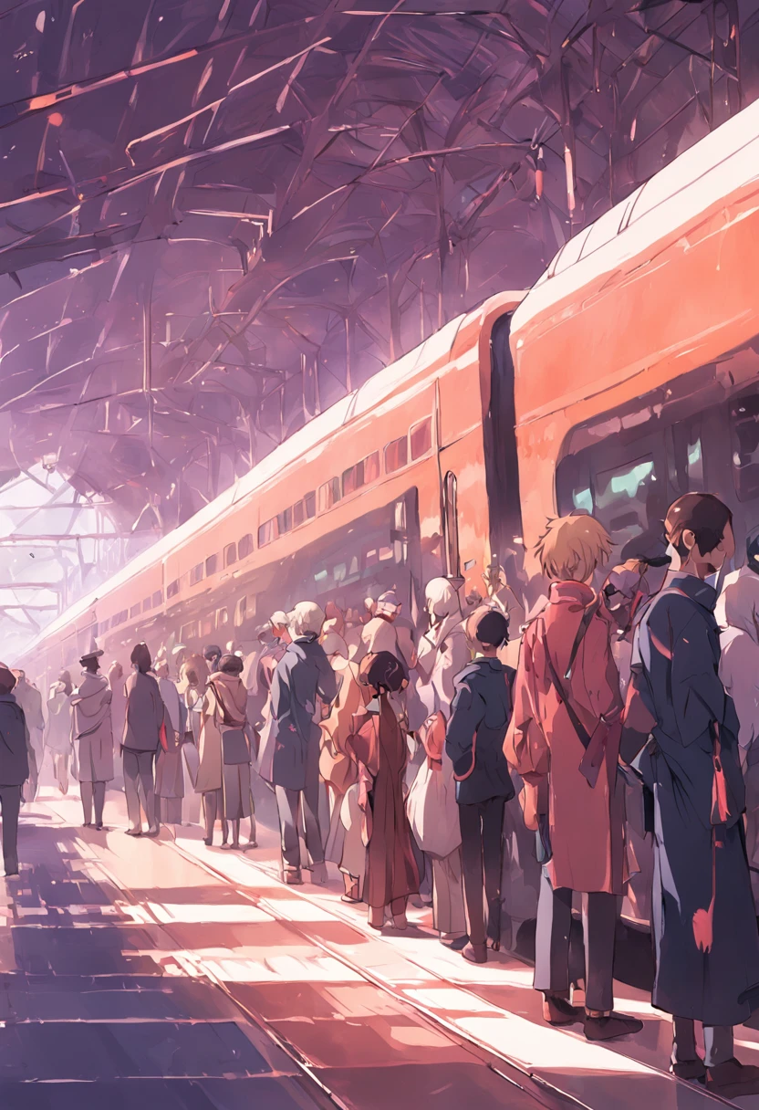 Draw people waiting for tickets at a train station,Convey order and respect(Don't be beautiful)