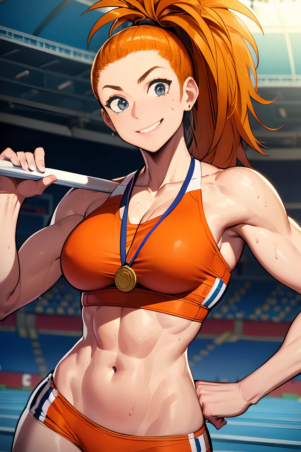 (track and field, stadium:1.2), (rim lighting), (detailed face:1.1), 1girl, solo, smile, captain mizuki, one-punch man, highres, muscular female, breasts, orange hair, sports bra, upper body, high ponytail, long hair, medal, sweat, steam, steaming body, murata yuusuke