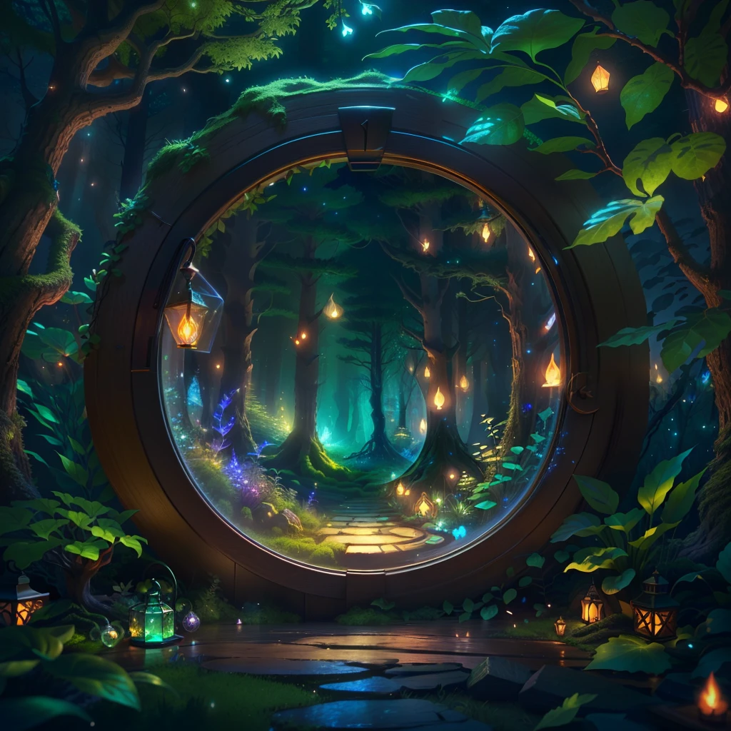 a round window with a forest scene inside it, forest portal, magical forest backround, enchanted magical fantasy forest, magical forest background, magical fantasy forest, a beautiful artwork illustration, 3 d render stylized, calm night. digital illustration, fantasy forest background, magical forest with fireflies, graphic of enchanted terrarium, enchanted and magic forest, magical portal gateway