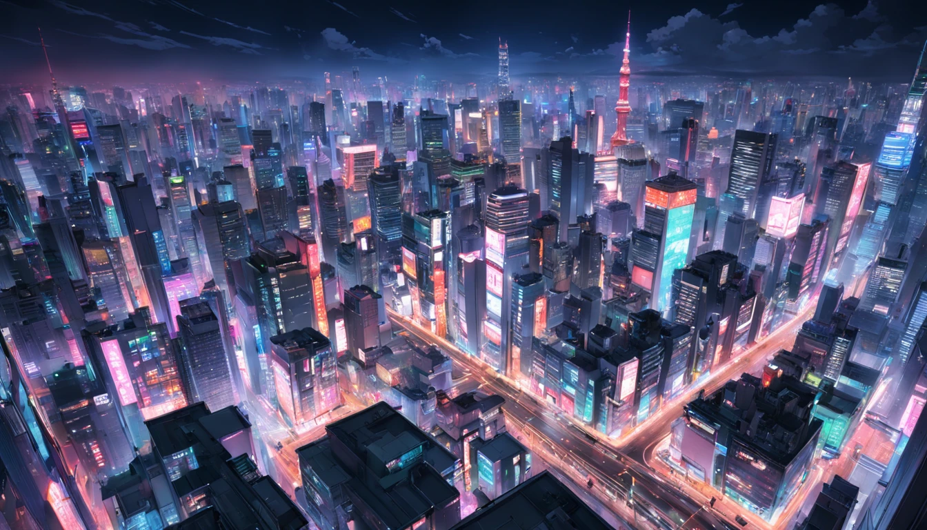 "Tokyo cityscape at night, with vibrant neon lights and futuristic architecture."