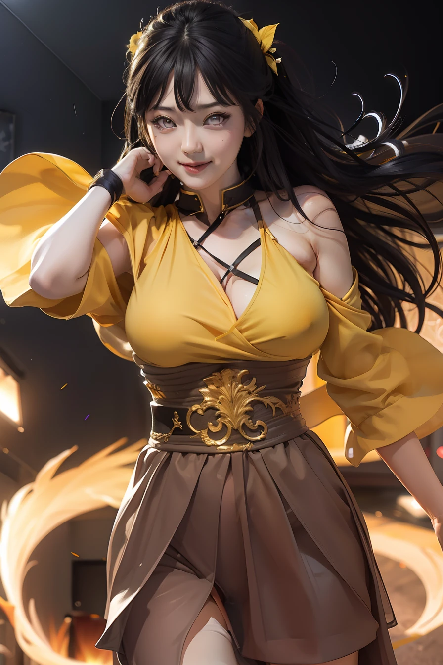 1girl, hyuga hanabi, long hair, sexy dress, black hair, white eyes, smile, beautiful, yellow clothes, very big breast, sexy clothes, indoor wallpaper, wallpaper realistic, wallpaper detail, indoor background, ultra detail, realistic