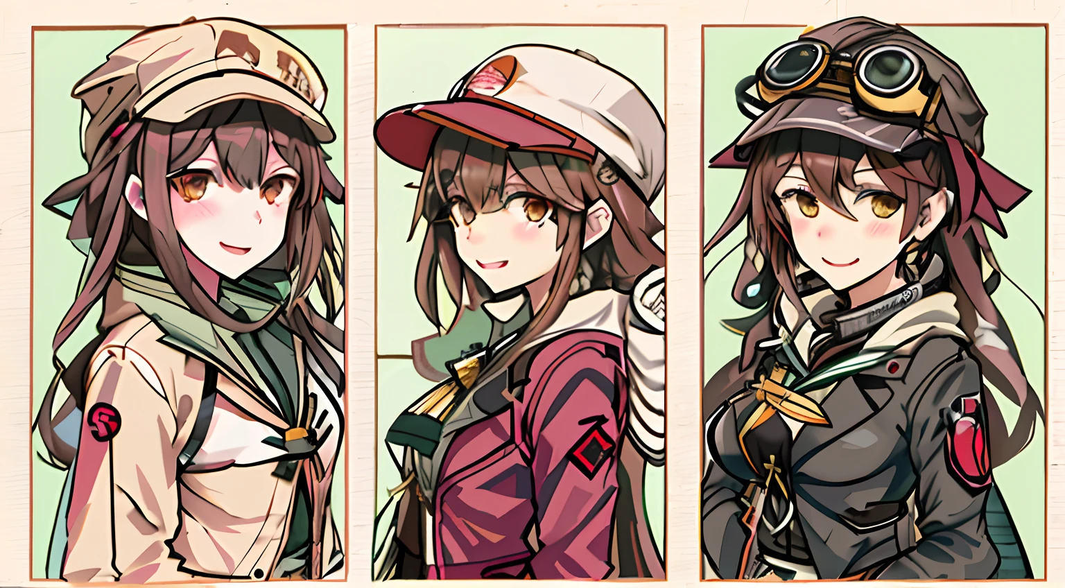 Three different photographs of a woman wearing a hat and jacket, Kantai collection style, girls frontline style, Character artwork, Kawasi, from girls frontline, by Kamagurka, Official artwork, character profile art, kancolle, Pixiv style, Fine details. Girl Front, Anime character art, Detailed fanart, kantai collection arcade, Girl Front