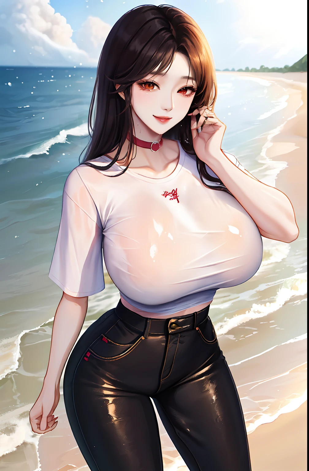 1girlfriend, korean girlfriend age 17,beautiful smile,sexy,he tall,super big breast,(P cup),sexy doggystyle pose photos,girlfriend sexy,tight t-shirt and mini pants outfit,full body wet water,