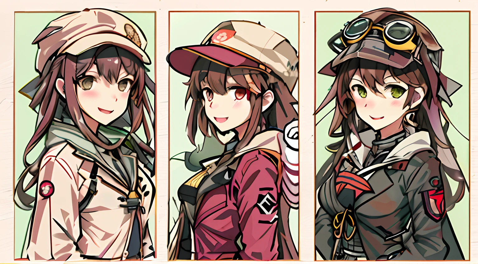 Three different photographs of a woman wearing a hat and jacket, Kantai collection style, girls frontline style, Character artwork, Kawasi, from girls frontline, by Kamagurka, Official artwork, character profile art, kancolle, Pixiv style, Fine details. Girl Front, Anime character art, Detailed fanart, kantai collection arcade, Girl Front