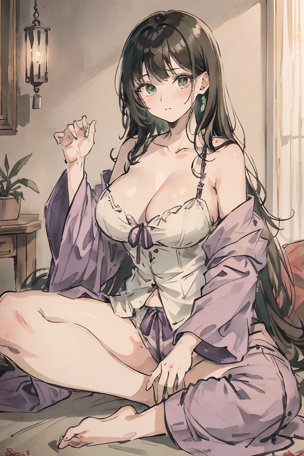 (tmasterpiece,best qualtiy:1.2),,huge tit,Pale greenish purple pajamas,Sit Pose,opening legs,