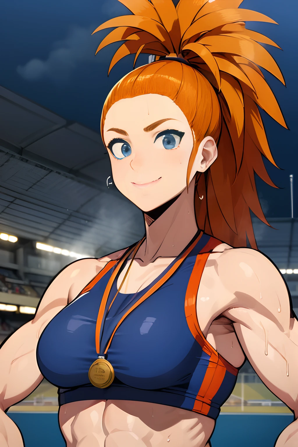 (track and field, stadium:1.2), (rim lighting), (detailed face:1.1), 1girl, solo, smile, captain mizuki, one-punch man, highres, muscular female, breasts, orange hair, sports bra, upper body, high ponytail, long hair, medal, sweat, steam, steaming body, murata yuusuke