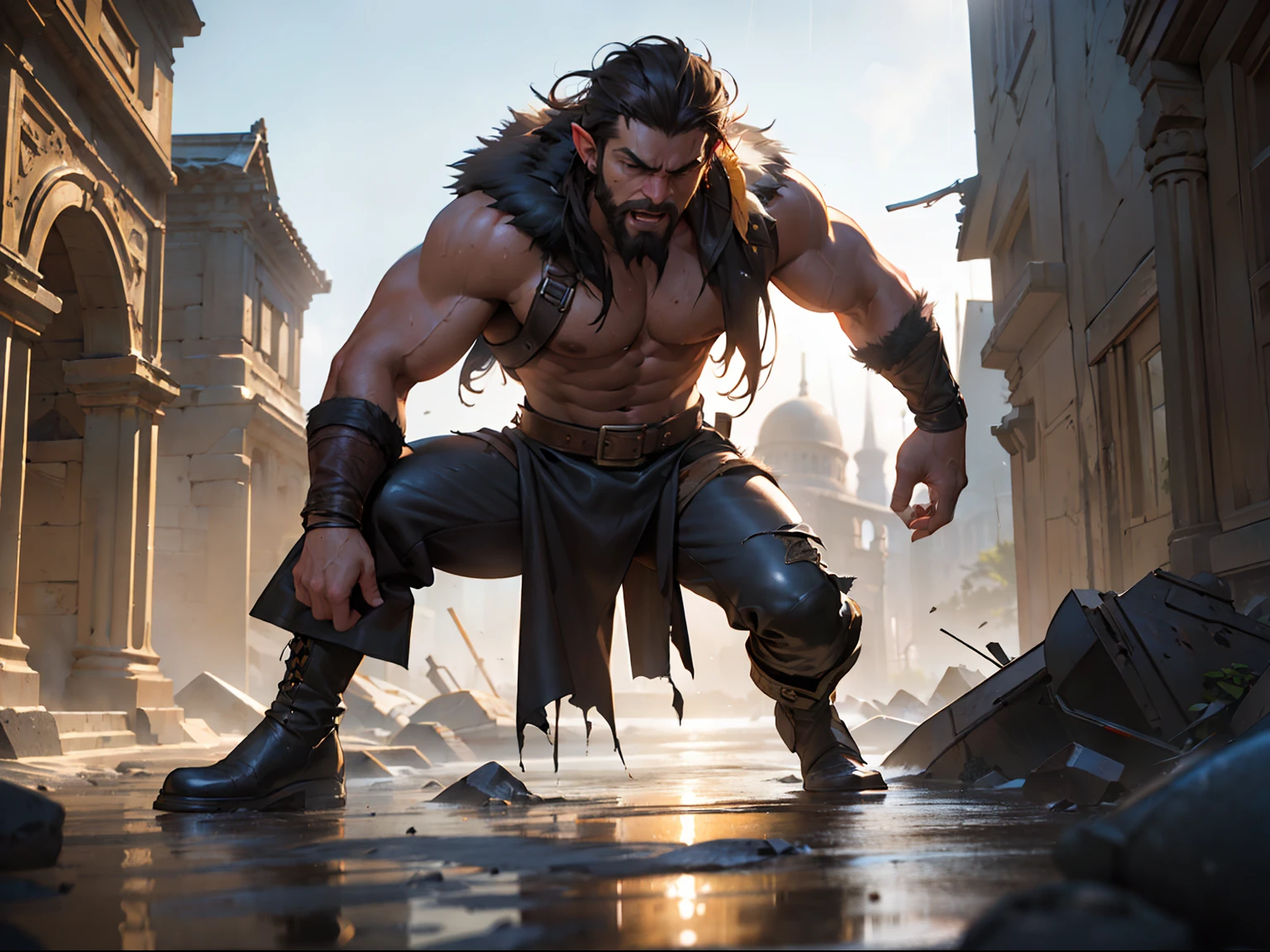 (professional 3d render:1.3) af (Realistic:1.3) most beautiful artwork photo in the world,Features soft and shiny male heroes, ((Epic hero fantasy muscle man rough wet hero angry looking long hair short beard and ferocious expression in dynamic pose, Fantastic location, Majestic cluttered environment)), Full body 8K unified rendering, action shot, skin pore, very dark lighting, heavyshading, Detailed, Detailed face, (vibrant, photograph realistic, Realistic, Dramatic, Dark, Sharp focus, 8K), (Old leather garments damaged by weathering:1.4), ((((Wear fur)))), (Intricate:1.4), decadent, (Highly detailed:1.4), Digital painting, rendering by octane, art stations, concept-art, smooth, Sharp focus, illustration, Art germ, (loish:0.23), wlop ilya kuvshinov, and greg rutkowski and alphonse mucha gracias, (Global illumination, Studio light, volumettic light), heavy rain, particles floating, lotr, fantasy, elf, full bodyesbian, ((Dark and ancient city background:1.3)),CGSesociety,art stations