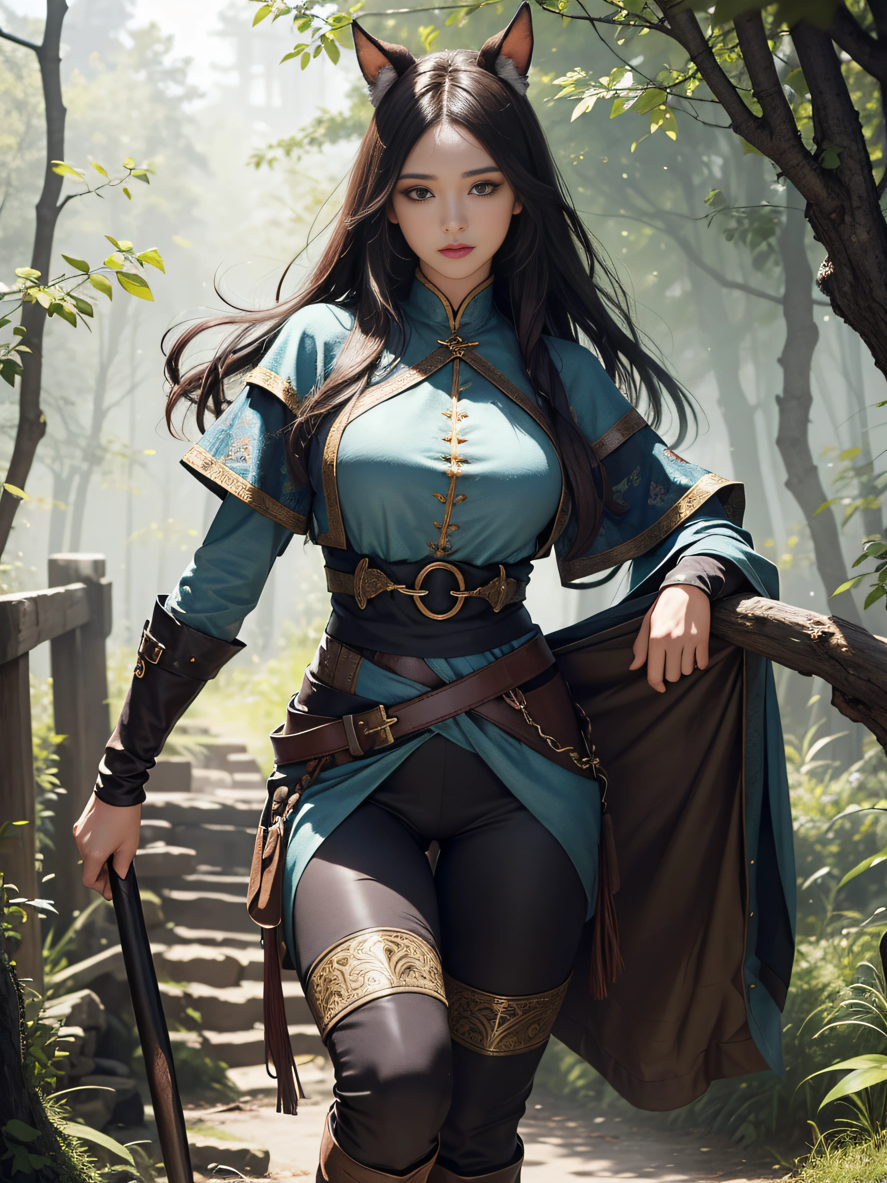(illustratio), (Increase the resolution)(美丽细致的眼睛), (best qualtiy),(ultra - detailed), (tmasterpiece)(详细的脸),Realistic and tall,a matural female,Absolutely beautiful,The temperament of a queen,tmasterpiece,best qualityer,Full body illustration,Fine and detailed eyes and detailed face, garments:There are animal ears,Orc symbaroum,cruel grin,Ragged clothes on the upper body,Wrap the whole body,The lower body is wearing animal skin pants,Wear knee-length boots,Wide-mouthed boots,Over-the-knee stockings,Show off the look of your boots:Tall,Plump body,There are muscles,The stands up,Walking forward,(Wide buttock:1.4),(thick thight:1.6),long leges,Outdoor forest,As tall as a tree