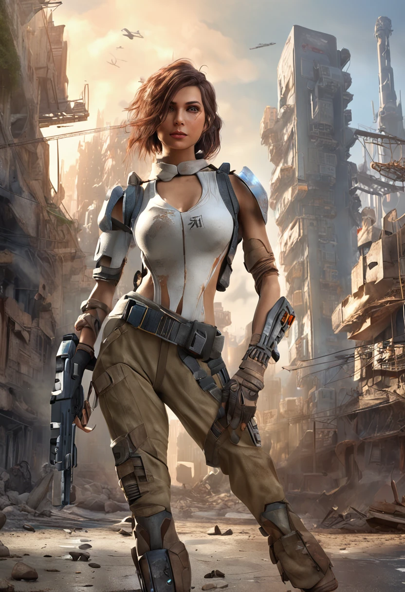 ((best quality)), ((masterpiece)), ((realistic)), (detailed), (photorealistic:1.5), a futuristic girl, (thick body), (white bodysuit), lights on armor, cybernetic headwear, looking at viewer, dynamic pose, post apocalyptic, destroyed city background, buildings on fire, science fiction, hdr, ray tracing, nvidia rtx, super-resolution, unreal 5, subsurface scattering, pbr texturing, post-processing, anisotropic filtering, depth of field, maximum clarity and sharpness, rule of thirds, 8k raw, (luminescent particles:1.4), (extremely detailed cg, unity 8k wallpaper, 3d, cinematic lighting, lens flare), reflections, sharp focus, cyberpunk art, cyberpunk architecture,