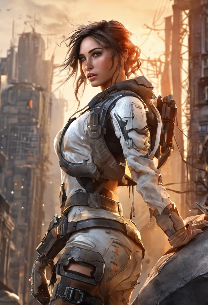 ((best quality)), ((masterpiece)), ((realistic)), (detailed), (photorealistic:1.5), a futuristic girl, (thick body), (white bodysuit), lights on armor, cybernetic headwear, looking at viewer, dynamic pose, post apocalyptic, destroyed city background, buildings on fire, science fiction, hdr, ray tracing, nvidia rtx, super-resolution, unreal 5, subsurface scattering, pbr texturing, post-processing, anisotropic filtering, depth of field, maximum clarity and sharpness, rule of thirds, 8k raw, (luminescent particles:1.4), (extremely detailed cg, unity 8k wallpaper, 3d, cinematic lighting, lens flare), reflections, sharp focus, cyberpunk art, cyberpunk architecture,