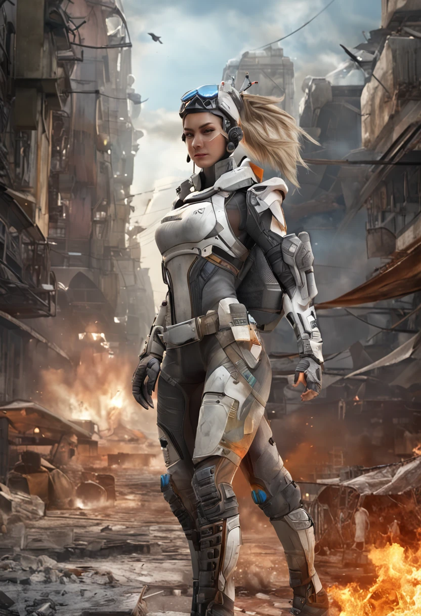 ((best quality)), ((masterpiece)), ((realistic)), (detailed), (photorealistic:1.5), a futuristic girl, (thick body), (white bodysuit), lights on armor, cybernetic headwear, looking at viewer, dynamic pose, post apocalyptic, destroyed city background, buildings on fire, science fiction, hdr, ray tracing, nvidia rtx, super-resolution, unreal 5, subsurface scattering, pbr texturing, post-processing, anisotropic filtering, depth of field, maximum clarity and sharpness, rule of thirds, 8k raw, (luminescent particles:1.4), (extremely detailed cg, unity 8k wallpaper, 3d, cinematic lighting, lens flare), reflections, sharp focus, cyberpunk art, cyberpunk architecture,