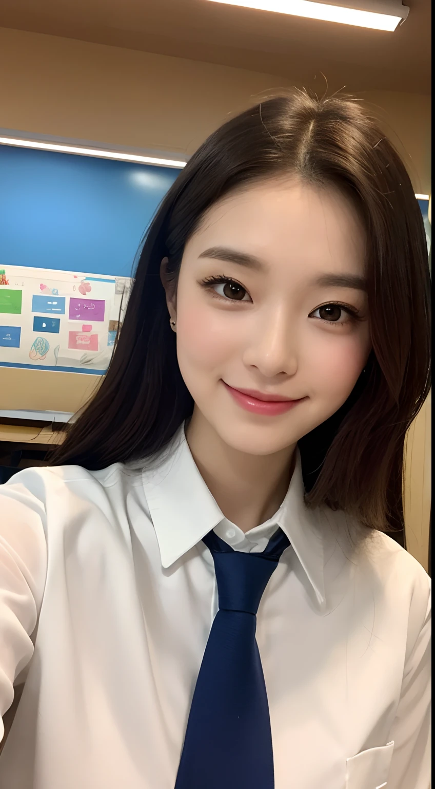 instagram photo, closeup face photo of 23 y.o Chloe in office uniform, cleavage, pale skin, (smile:0.4), hard shadows, running, after shower with wet hair