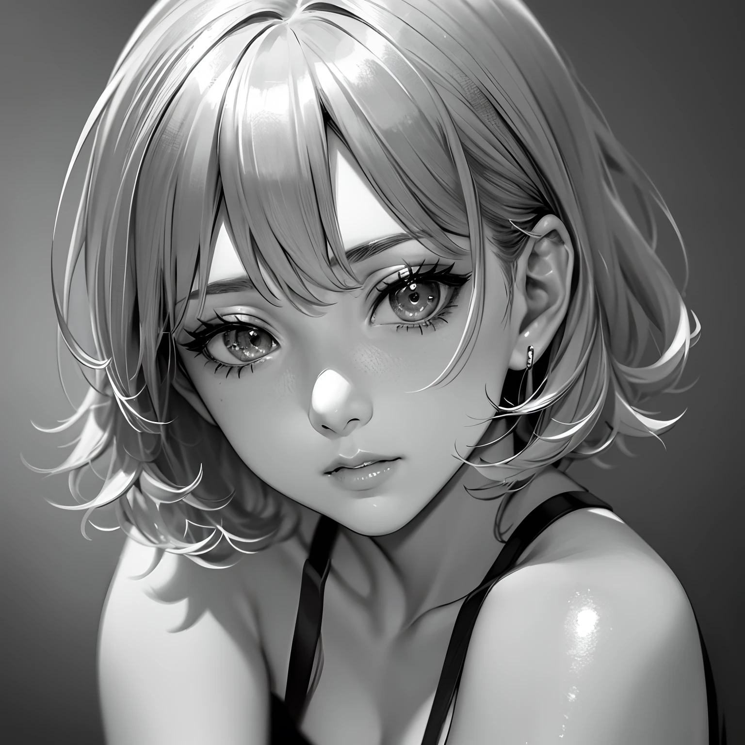 masterpiece、top-quality、hight resolution、High-quality images、8K、1womanl、Monochrome grayscale、detaileds、Detailed eye depiction、skin gloss、shiny short silver hair、、Nomiya、portlate、flower goddess、6Pale Dreams of the Moon