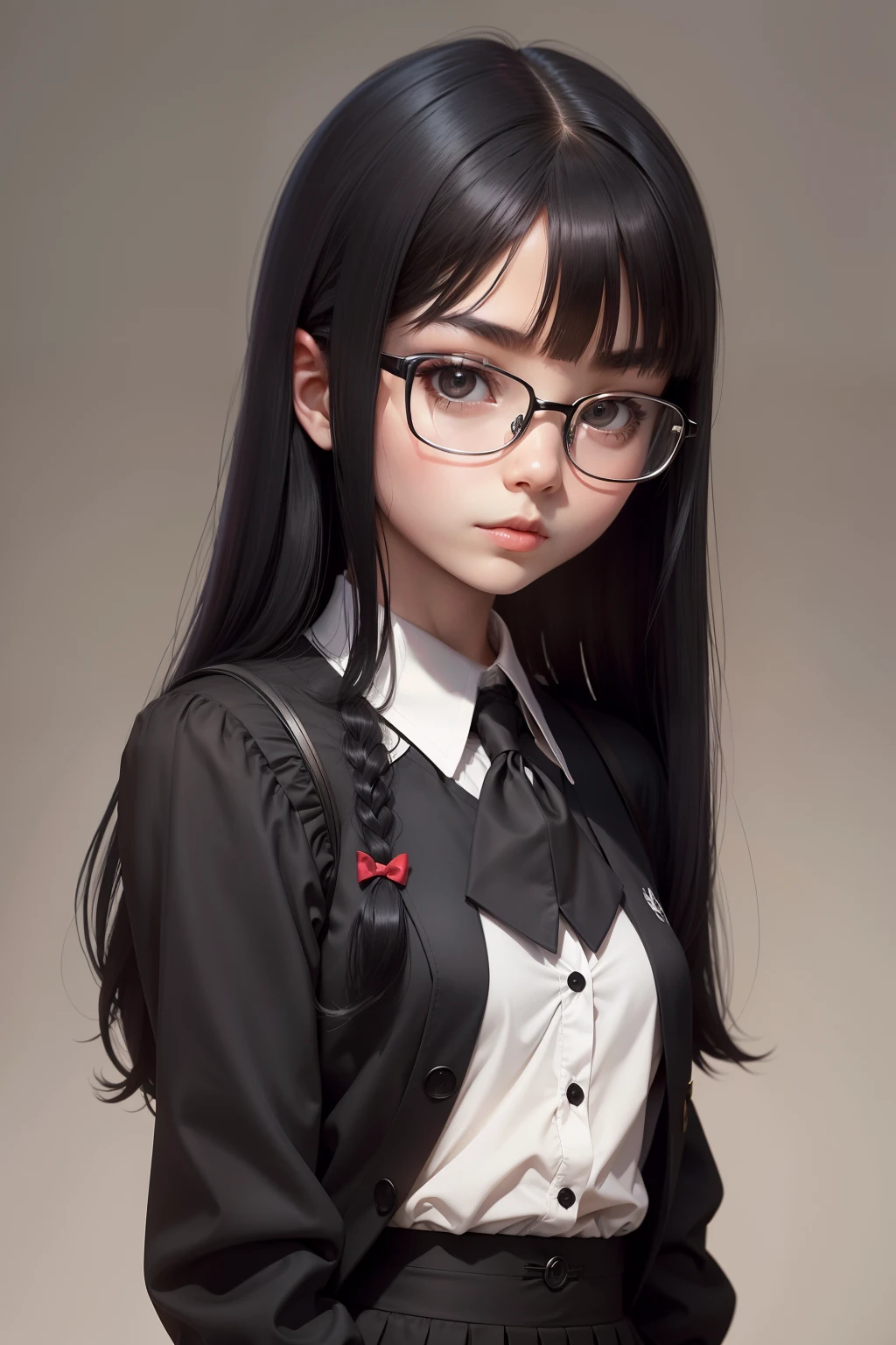 girls,Pointed chin,wears glasses,black color hair,hair straight,long whitr hair,dual horsetail,Small Man,smallunderboob,Normal body,Normal hands,Not many fingers,Quite a few fingers,Dress conservatively,
