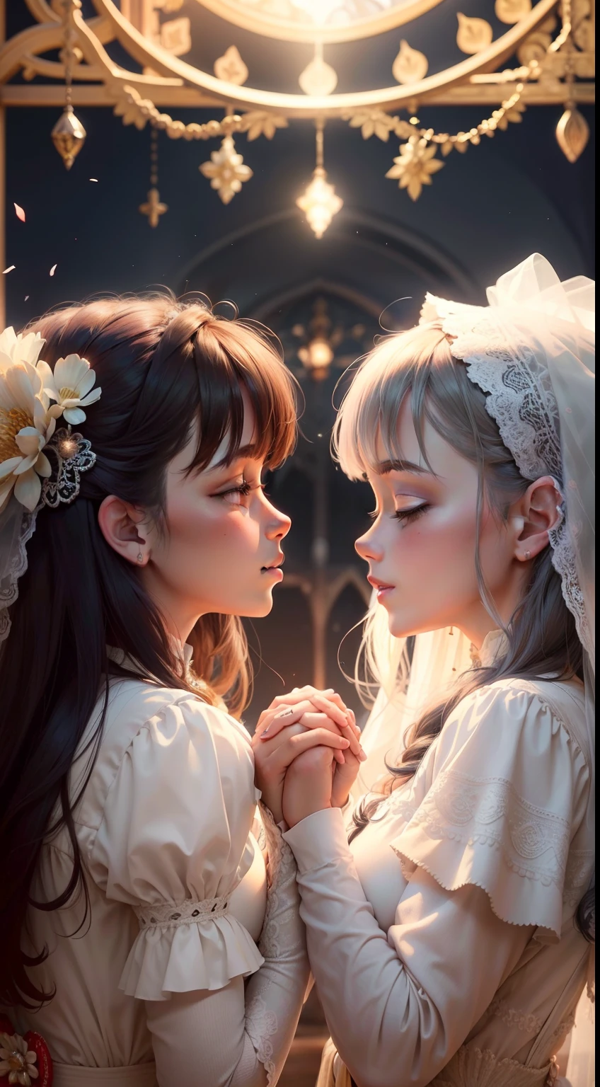 Create an image that captures the essence of the following introduction to a wedding prayer: 'Amado Deus, We gather on this day with gratitude in our hearts, for we celebrate the love and union of [Nomes dos Noivos]. Bless this special moment and this wedding that is now beginning.' Convey the atmosphere of celebration, love and spiritual connection through visual elements like soft colors, A couple holding hands, symbols of union and divine elements."