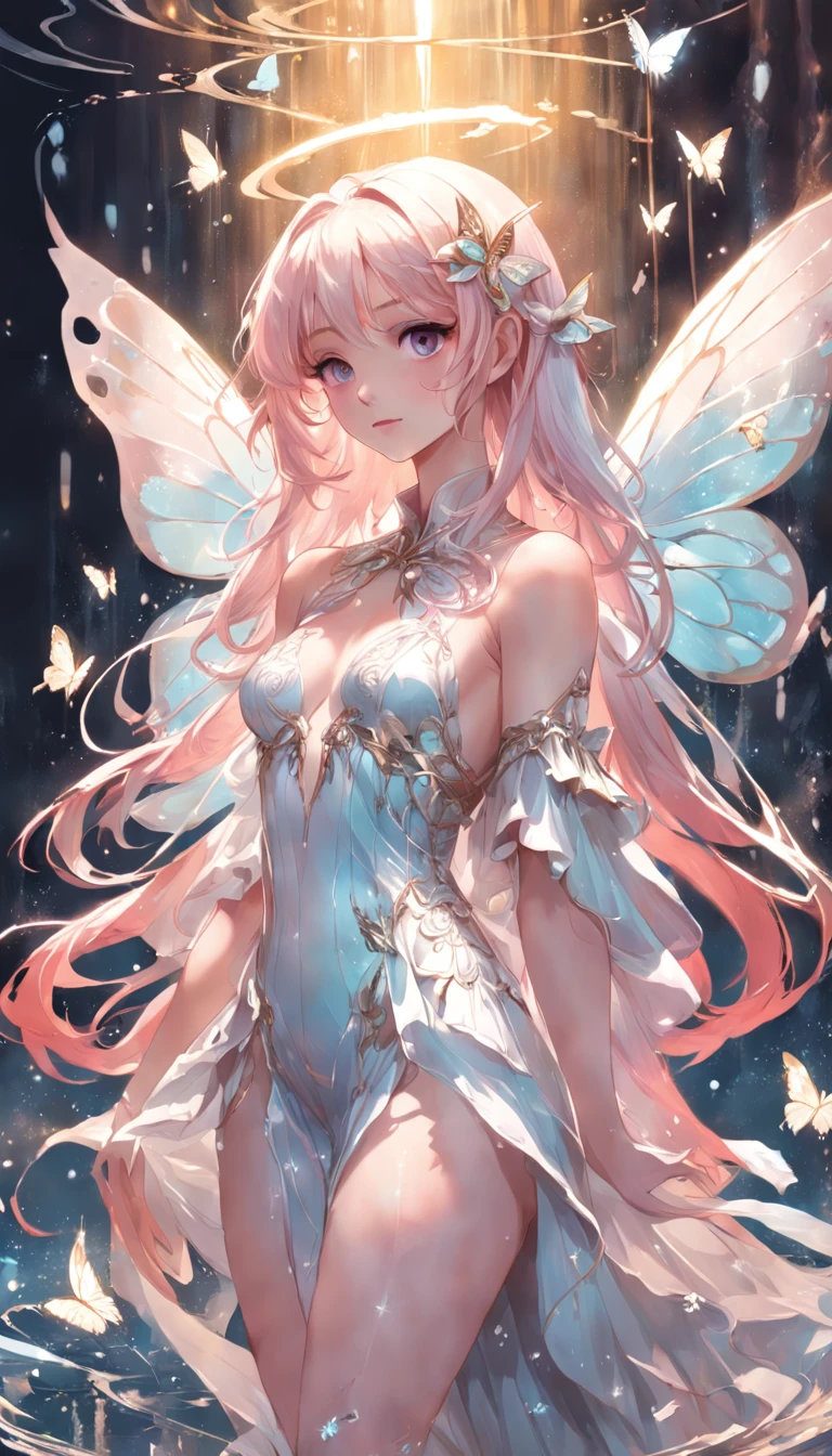 Holy Light Butterfly Angel Girl,Butterfly wings,Chest shooting(mcu),in the style of rococo pastel hues,light white and light red,Incredibly beautiful,SakuraNS,sparkling water reflections,combine,Flowing,hyper realisitc,painting of a,aethereal,Elsa Burda,Elements of mixed reality and fantasy,Ray traching,Intricate patterns,delicate linework,Pressed crystals,Exquisite hands,full bodyesbian,Back hand