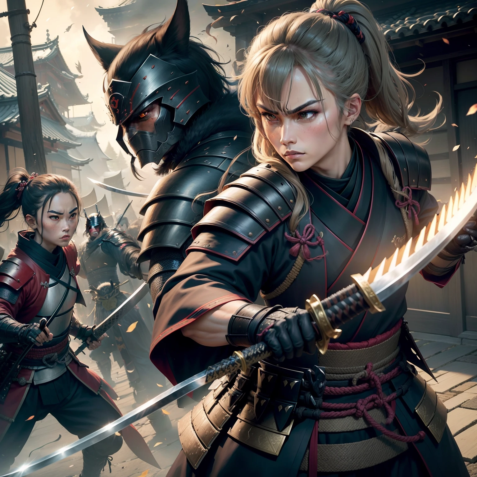 c4ttitude, samurai, vigilant, Yeux en amande, furrowed brow, fourrure lisse, guerrier, disciplined, focused, Armored kimono, Guarded cover, acier, pattes griffues, Katana, feudal Japan, rue, honorer, duel, Confrontation scene,